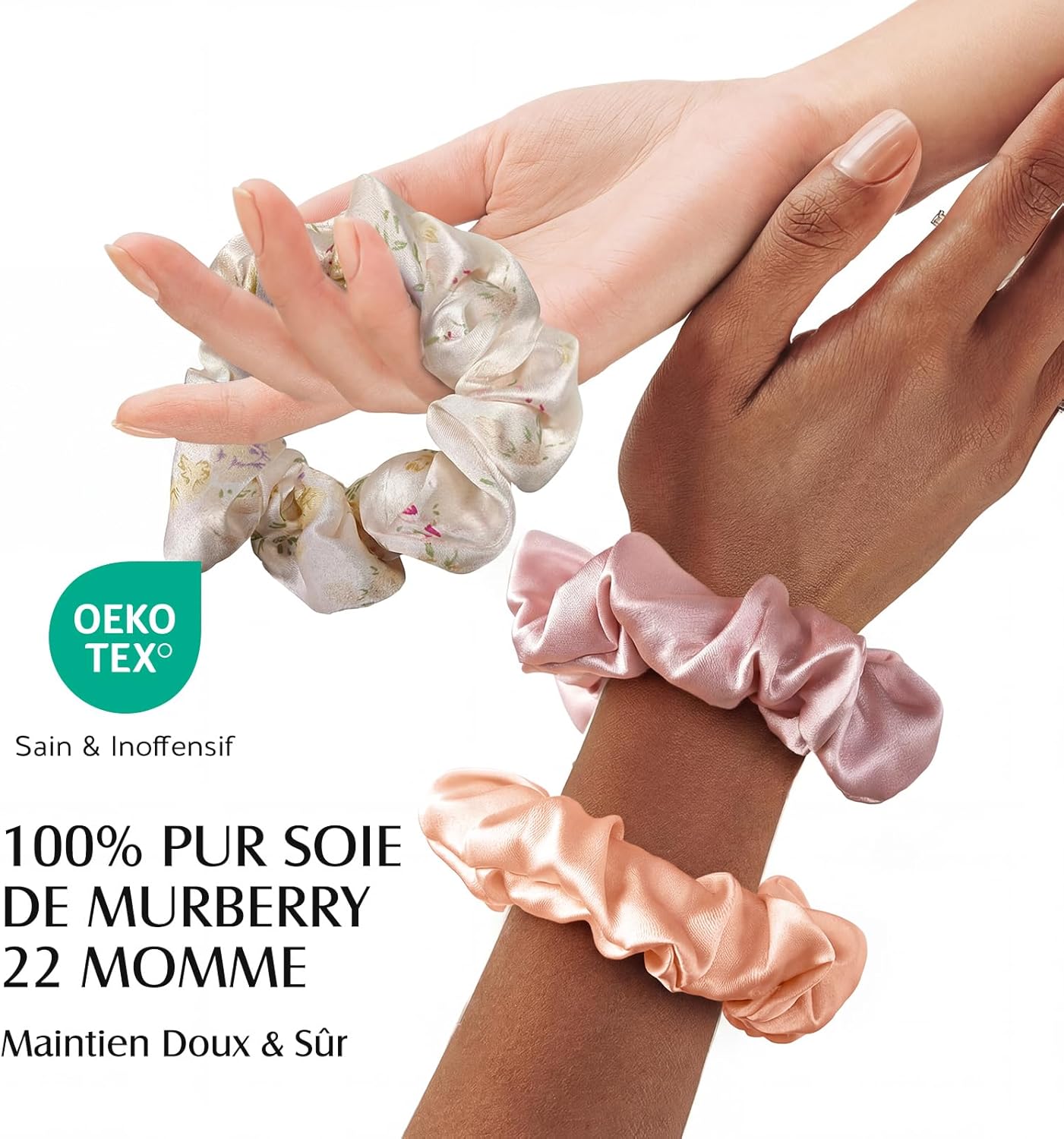 Detalle de Umisleep lot de 3 chouchous en soie de mûrier 22 momme (rose orangé, imprimé floral) – sans marques