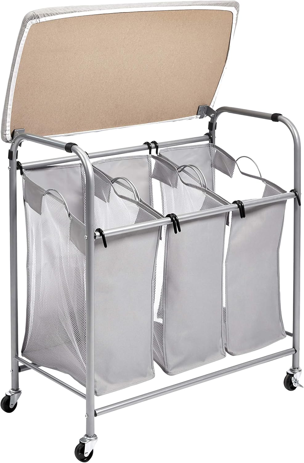 Detalle de Amazon Basics Wäschesortierer mit 3 Taschen und Tisch-Bügelbrett – Rechteckig, grau
