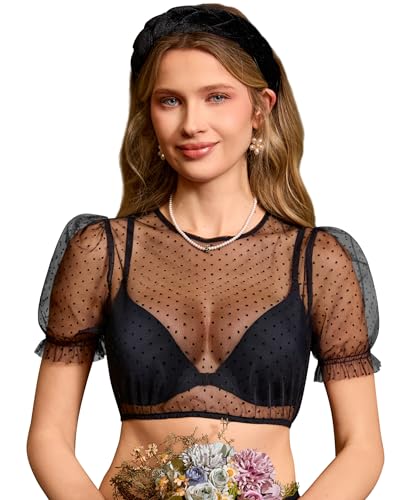 Detalle de DIRNDLSTERN Dirndlbluse Damen Schwarz – Transparente Punkten, Puffärmel, Kurzarm