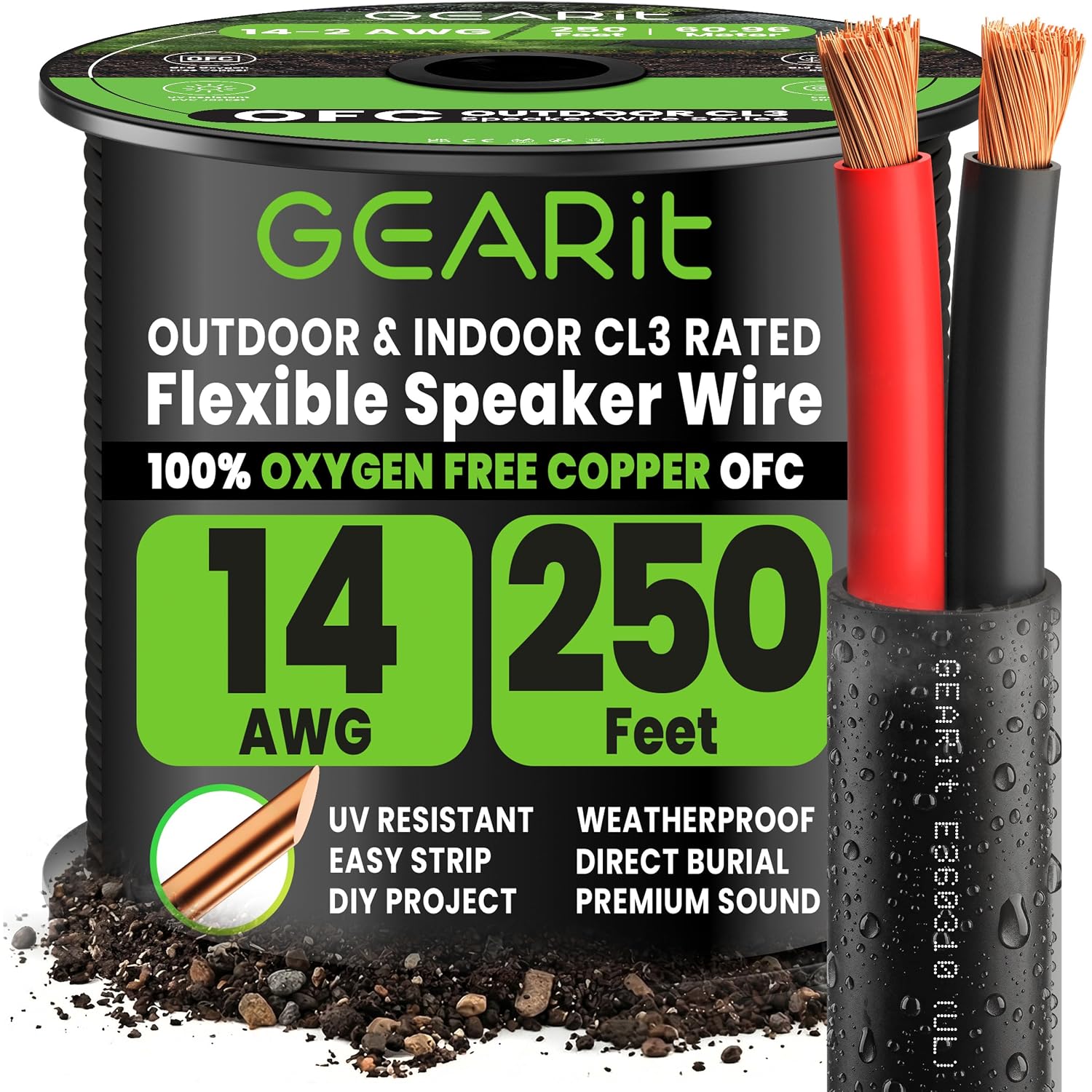 GEARit 14 Gauge Black Speaker Wire (250 ft) UL Listed & CL3 Rated, OFC with Polarity Mark