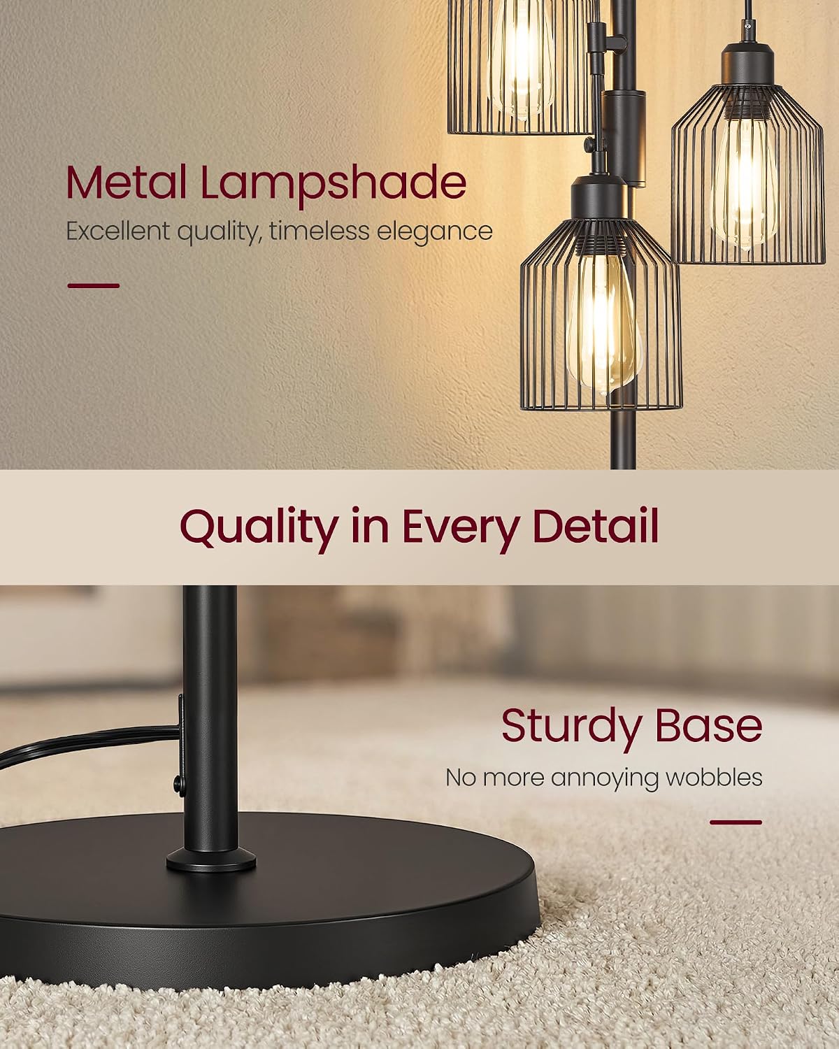 Thumbnail 5 de VASAGLE 176cm Floor Lamp with 3 Bulbs and Adjustable Brightness (Ink Black) LFL013BD03