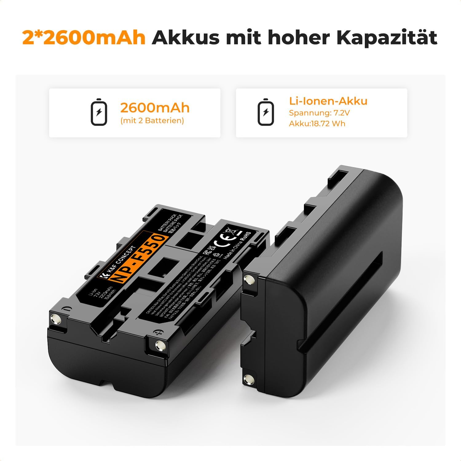 Detalle de K&F CONCEPT NP-F550 2er-Pack (2600mAh) + Dual-LED-Ladegerät-Kit für Sony NP-F550/F570