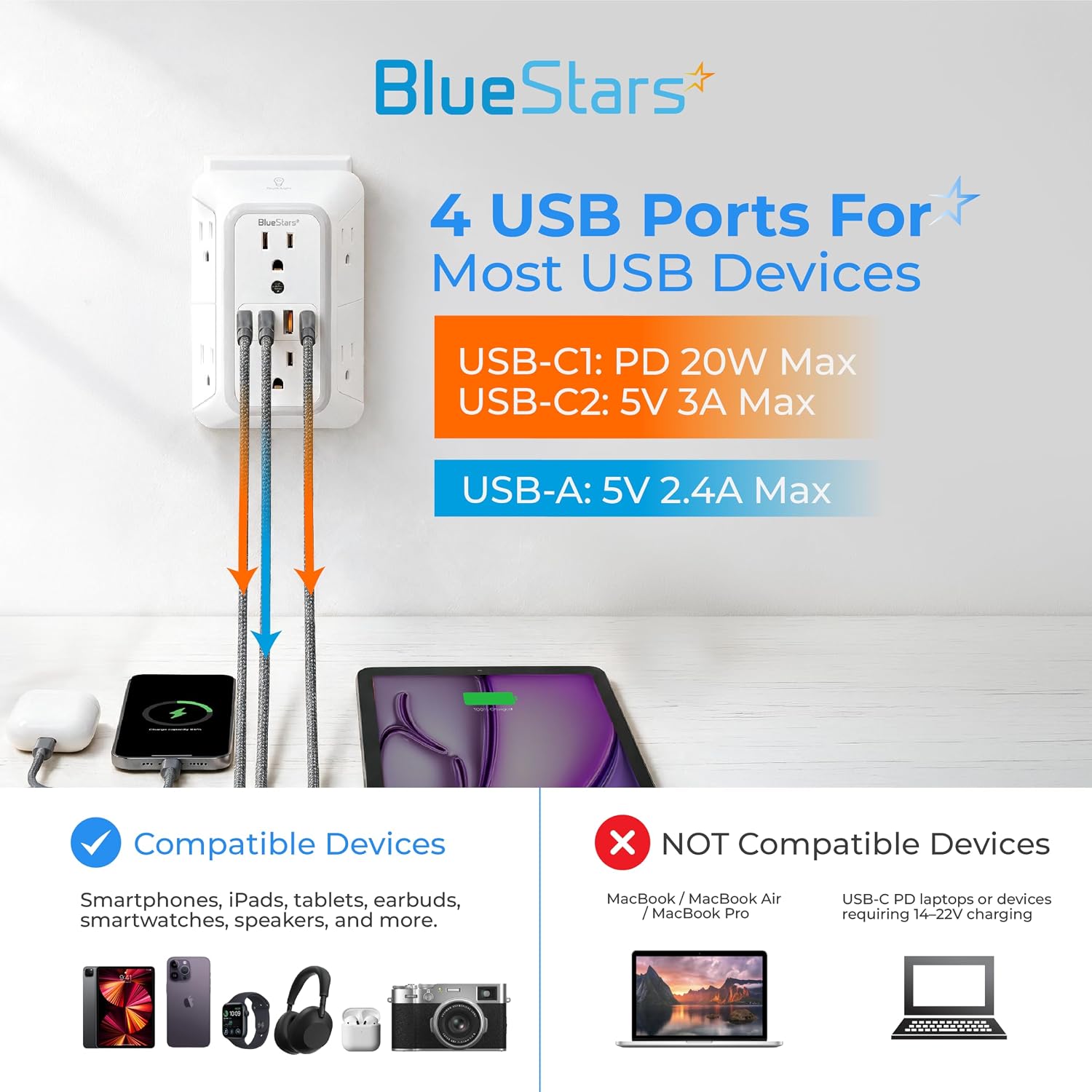 Thumbnail 3 de BlueStars 606USBC Surge Protector Outlet Extender, 6 Outlets, 4 USB Ports