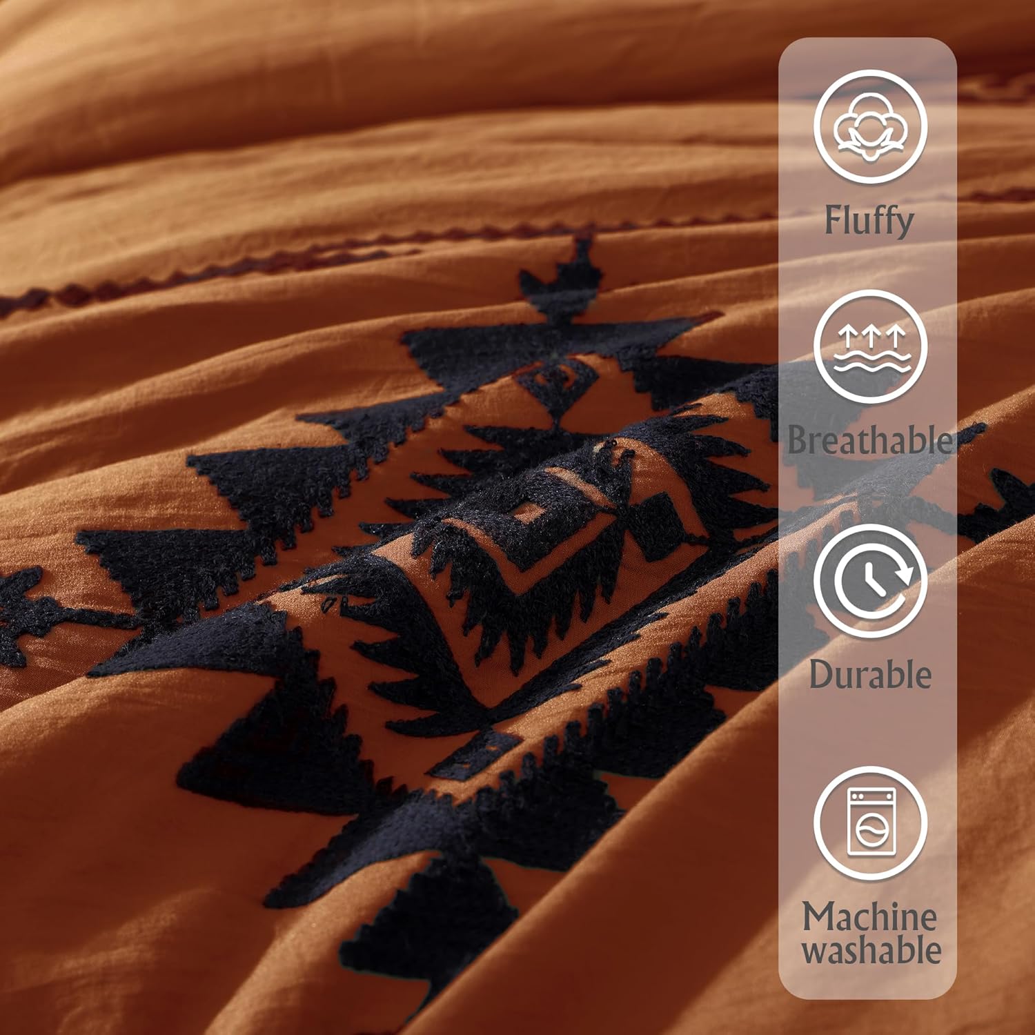 Thumbnail 5 de MaiRêve Embroidery Comforter Set (Burnt Orange) — Boho Farmhouse Western Queen Bed in a Bag, 7-Piece