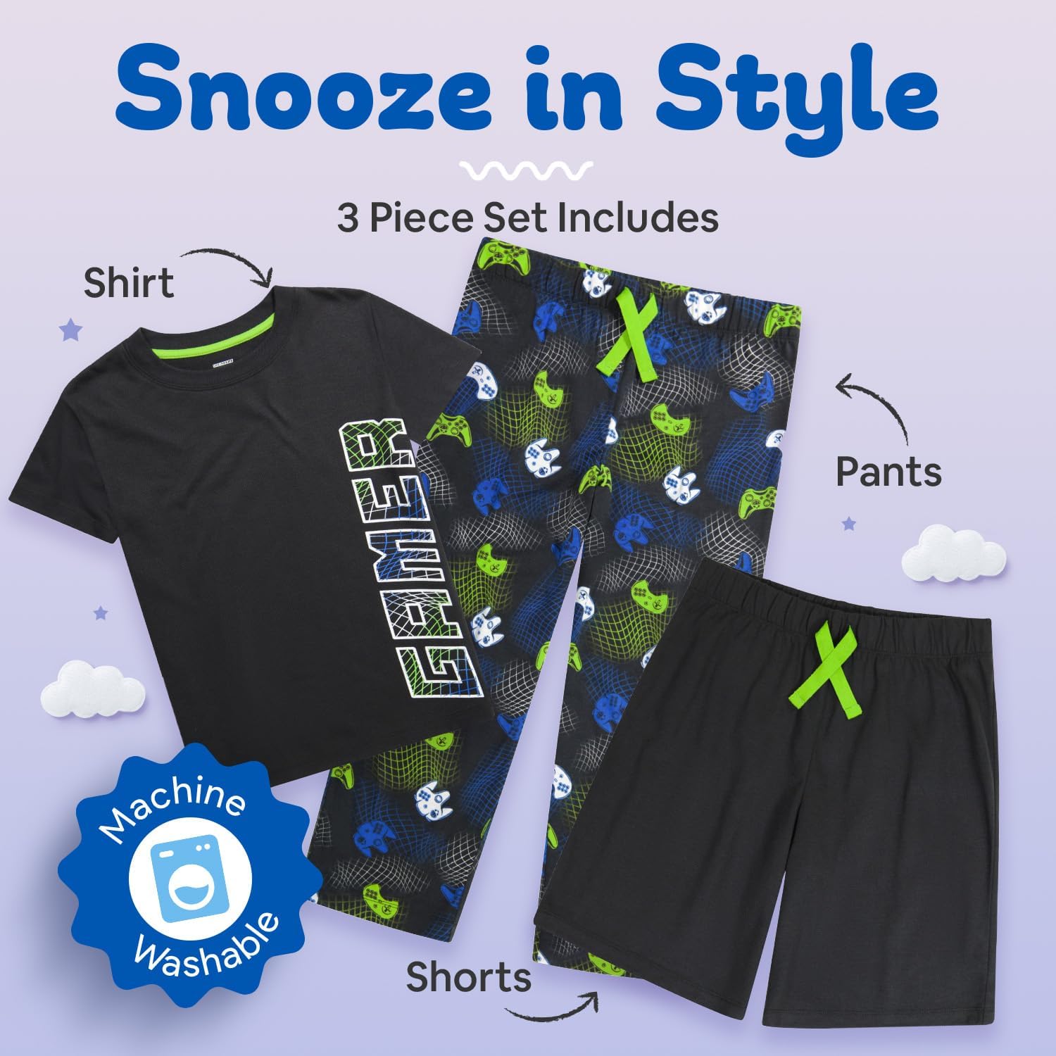 Thumbnail 2 de US Angels Boys Pajamas Set | 3-Piece Sleepwear (Pant, Shirt, Shorts) in Blue Plaid