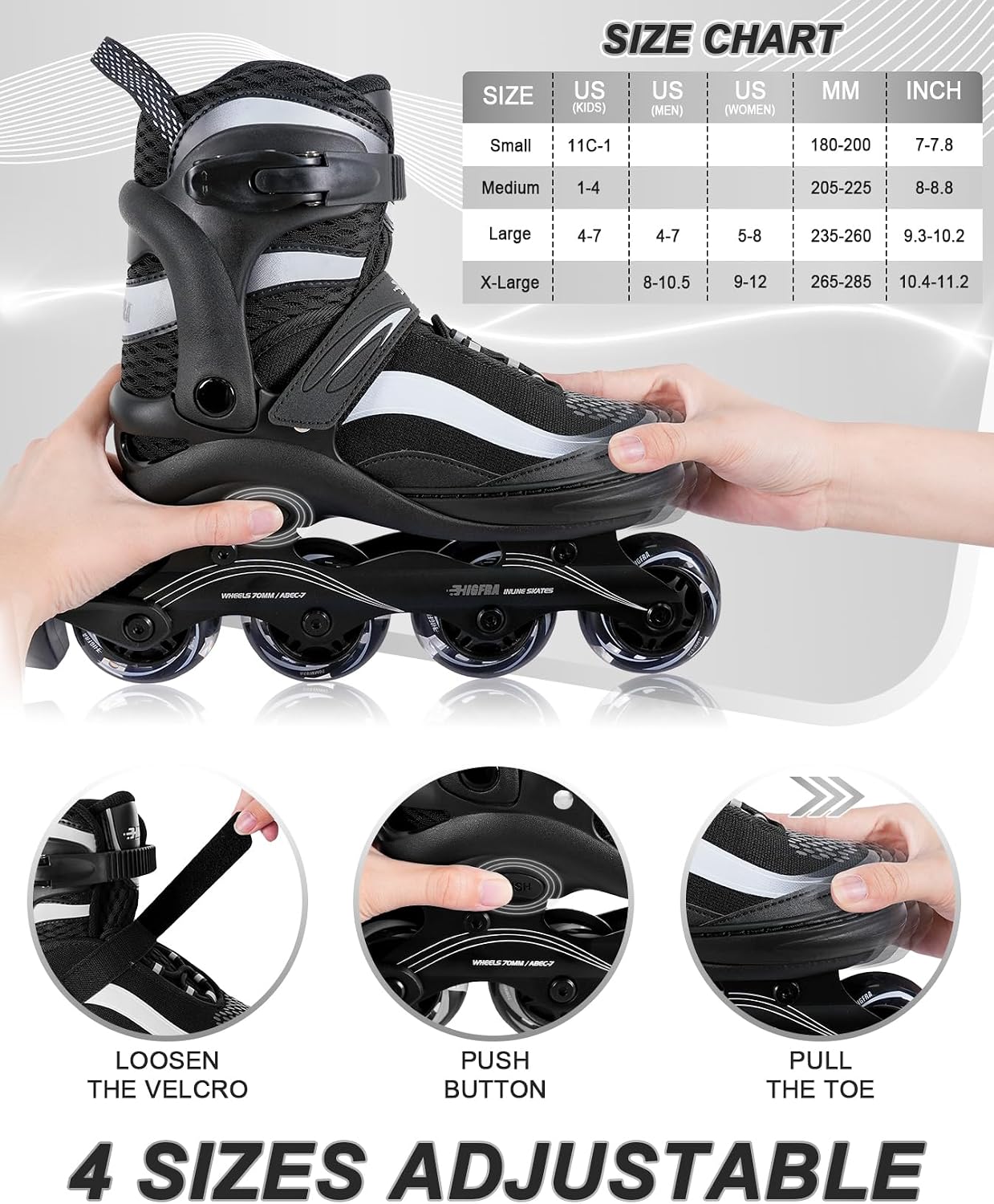 Detalle de Higfra LED Light-Up Inline Skates for Kids, 4-Size Adjustable, 82A PU Wheels