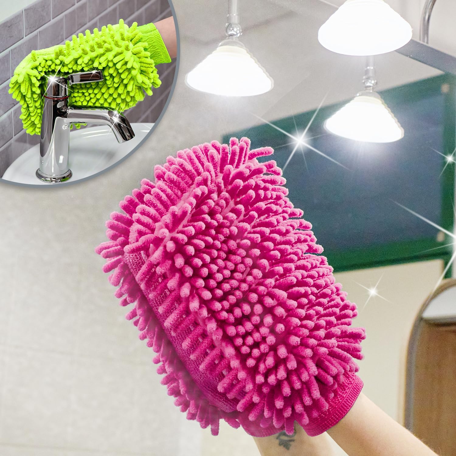 Thumbnail 2 de com-four® 3x Guanto da lavaggio per auto e casa in microfibra – set da 3 pezzi (verde neon, blu, rosa)