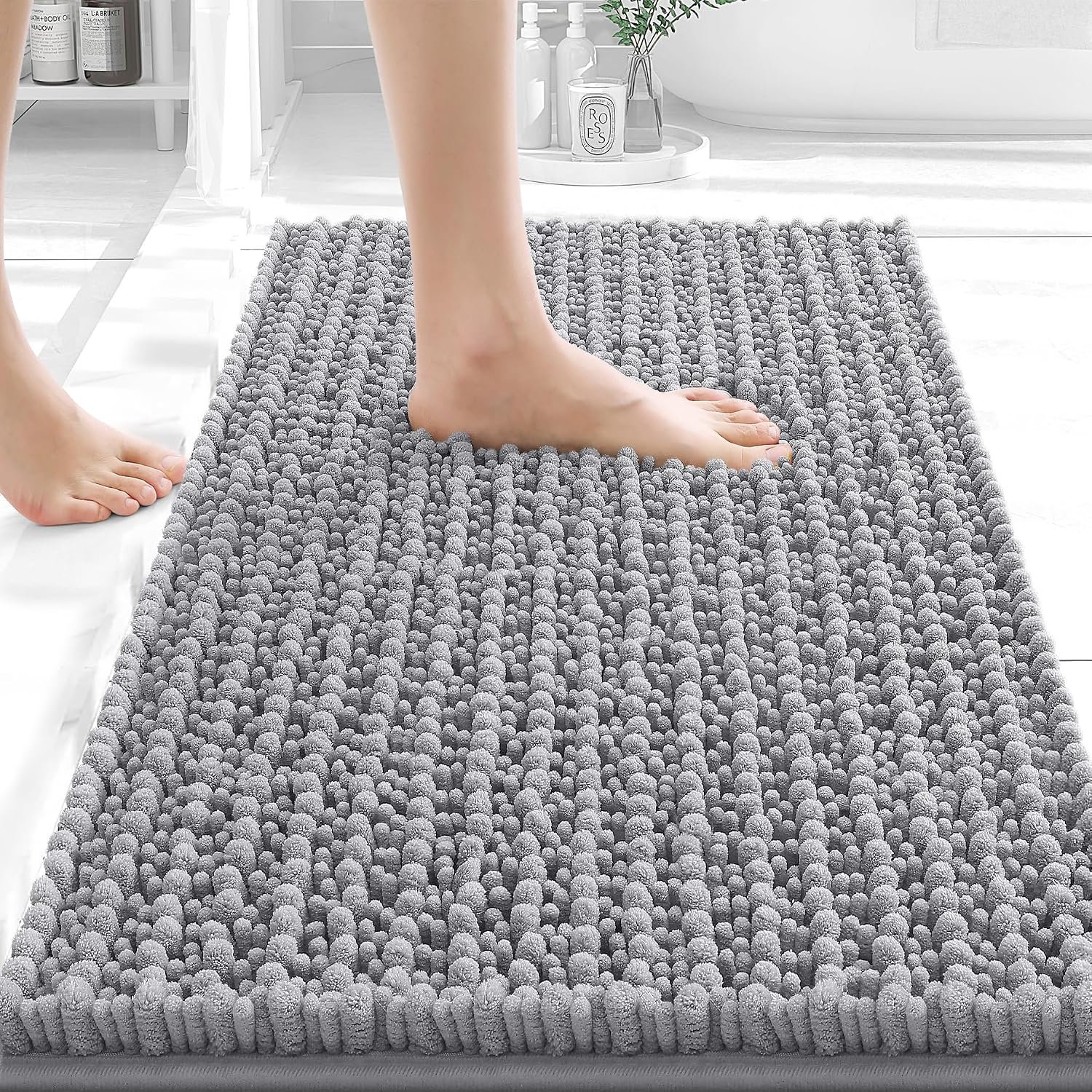 Detalle de OLANLY Chenille Bathroom Rug Mat 24x16 in Grey with Non-Slip TPR Backing
