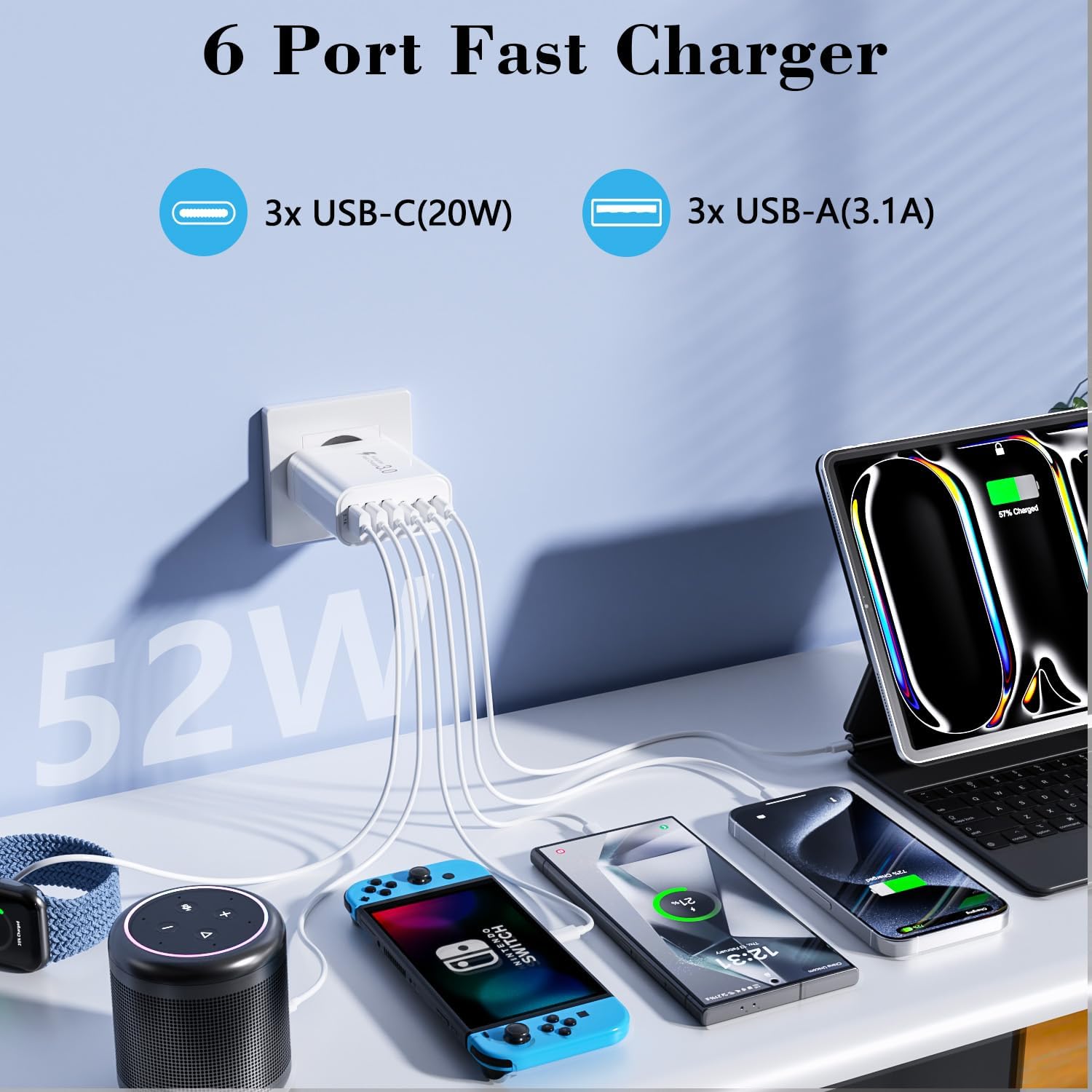Detalle de Caricatore USB C 52 W a 6 porte: ricarica rapida e versatile per smartphone, tablet e altro
