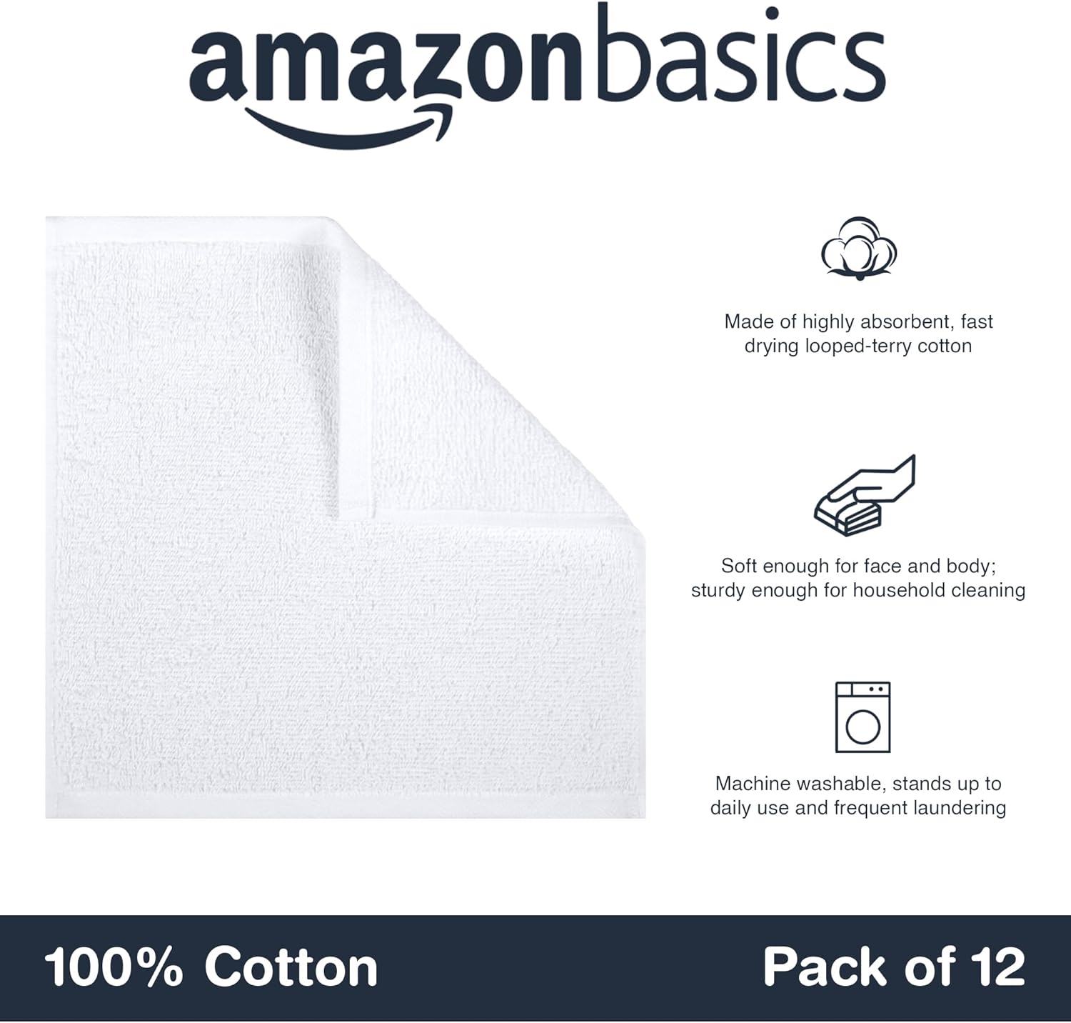 Detalle de Amazon Basics Set asciugamani viso 30x30 cm, 12 pezzi