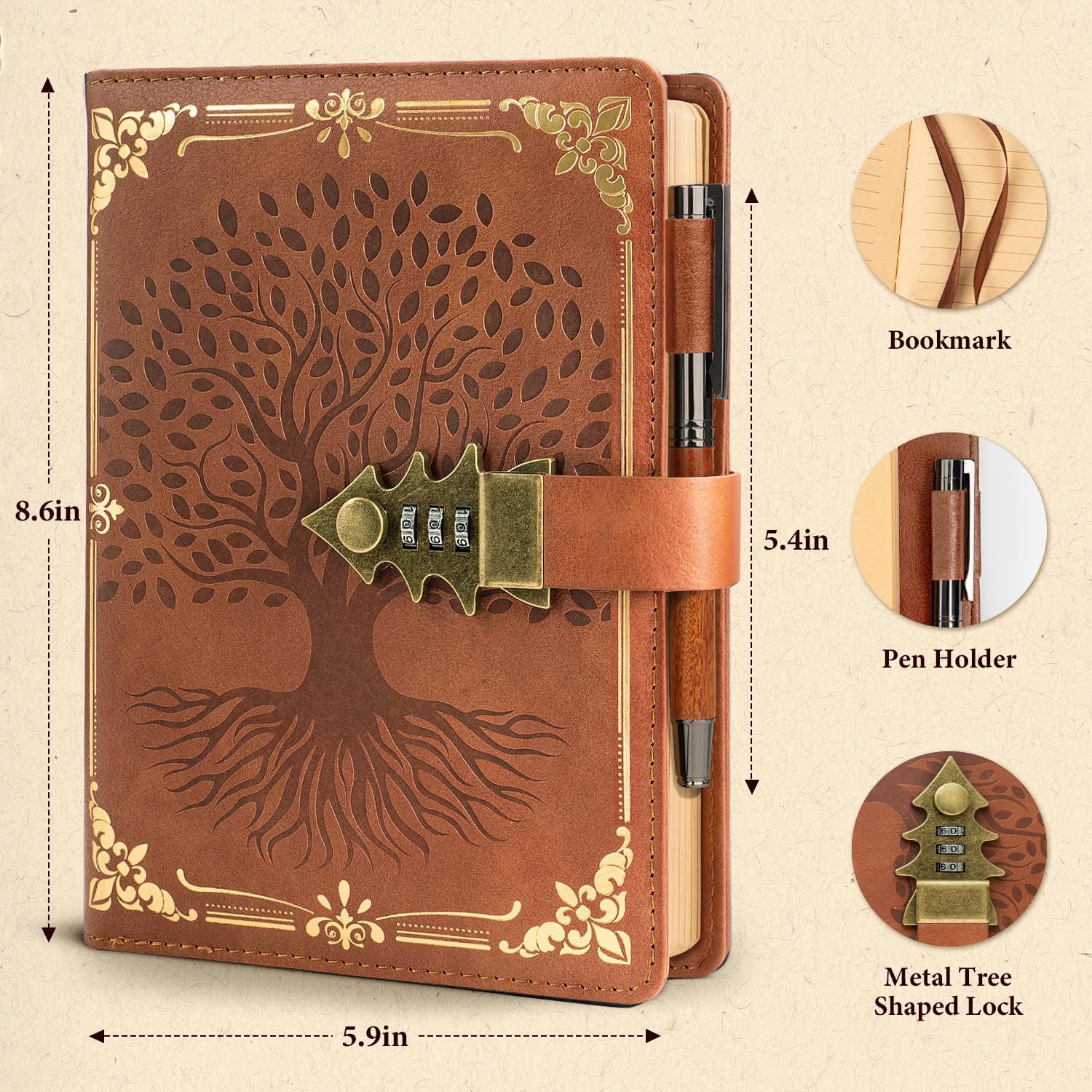 Thumbnail 2 de WEMATE verschließbares Tagebuch mit Schloss & Geschenkbox (A5, 260 Seiten, nachfüllbar) – Vintage Lock Journal, braun
