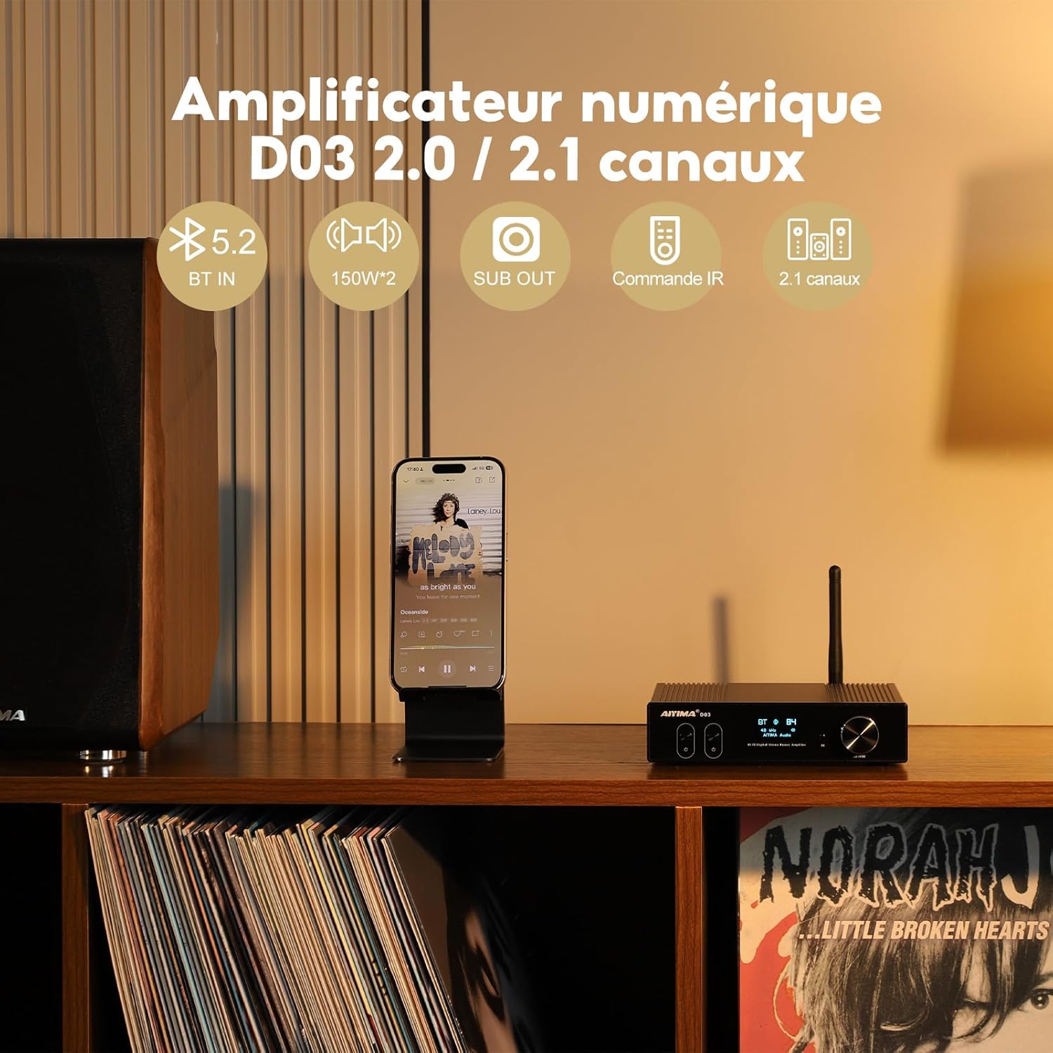 Detalle 2 de AIYIMA D03 Bluetooth 5.0 150 W x 2 — amplificateur numérique Hi‑Fi 2.1 (USB DAC, optique, coaxial, RCA) avec télécommande