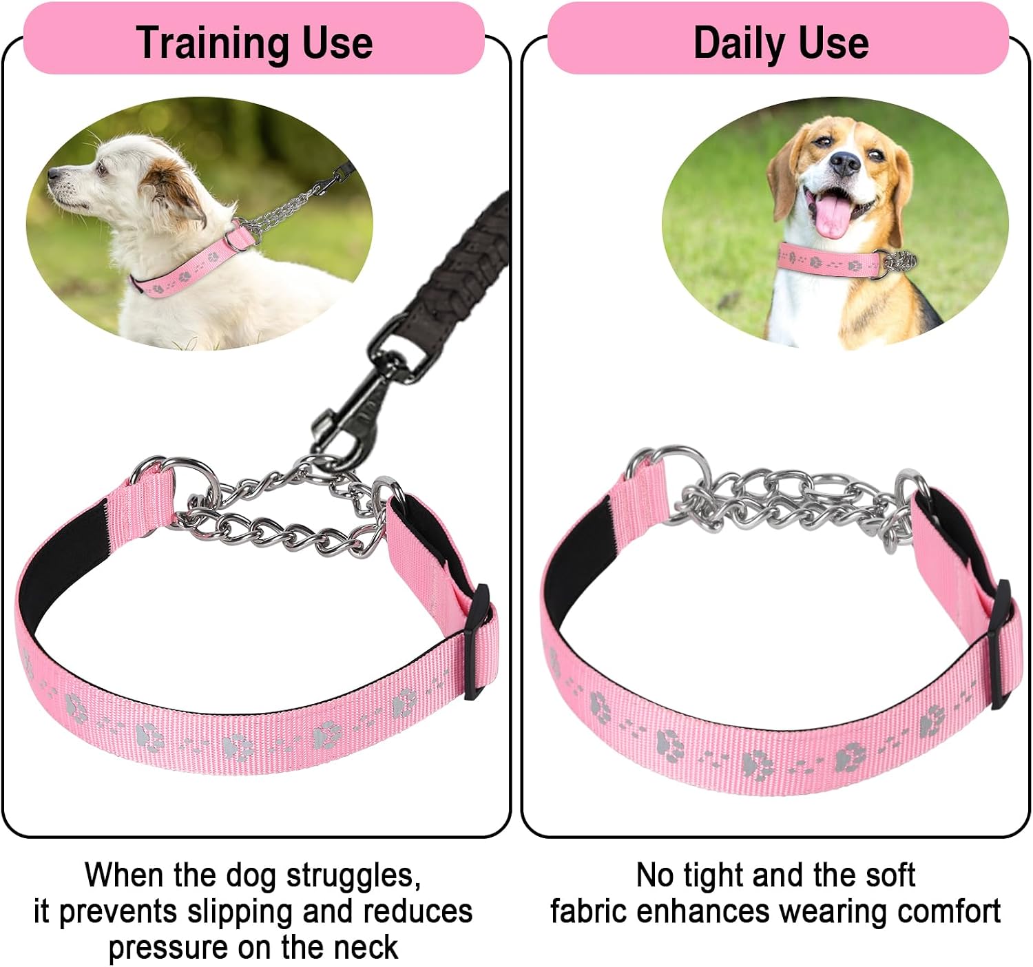 Detalle de TDTOK MT-01 Martingale Dog Collar, Reflective Pink Nylon, Steel Chain and Neoprene Padding