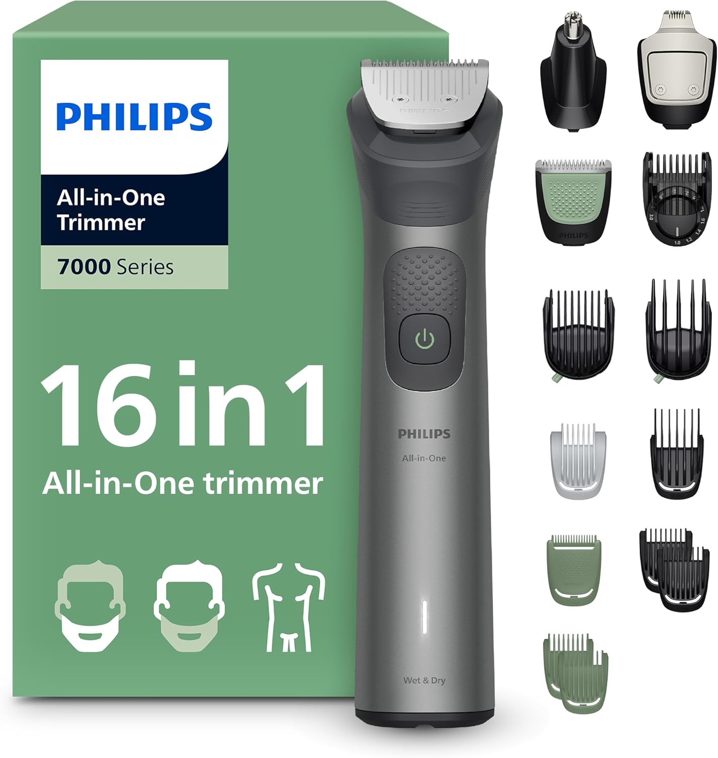 Detalle de Philips Multigroom Serie 7000 MG7931/15 rifinitore 16 in 1, 21 impostazioni