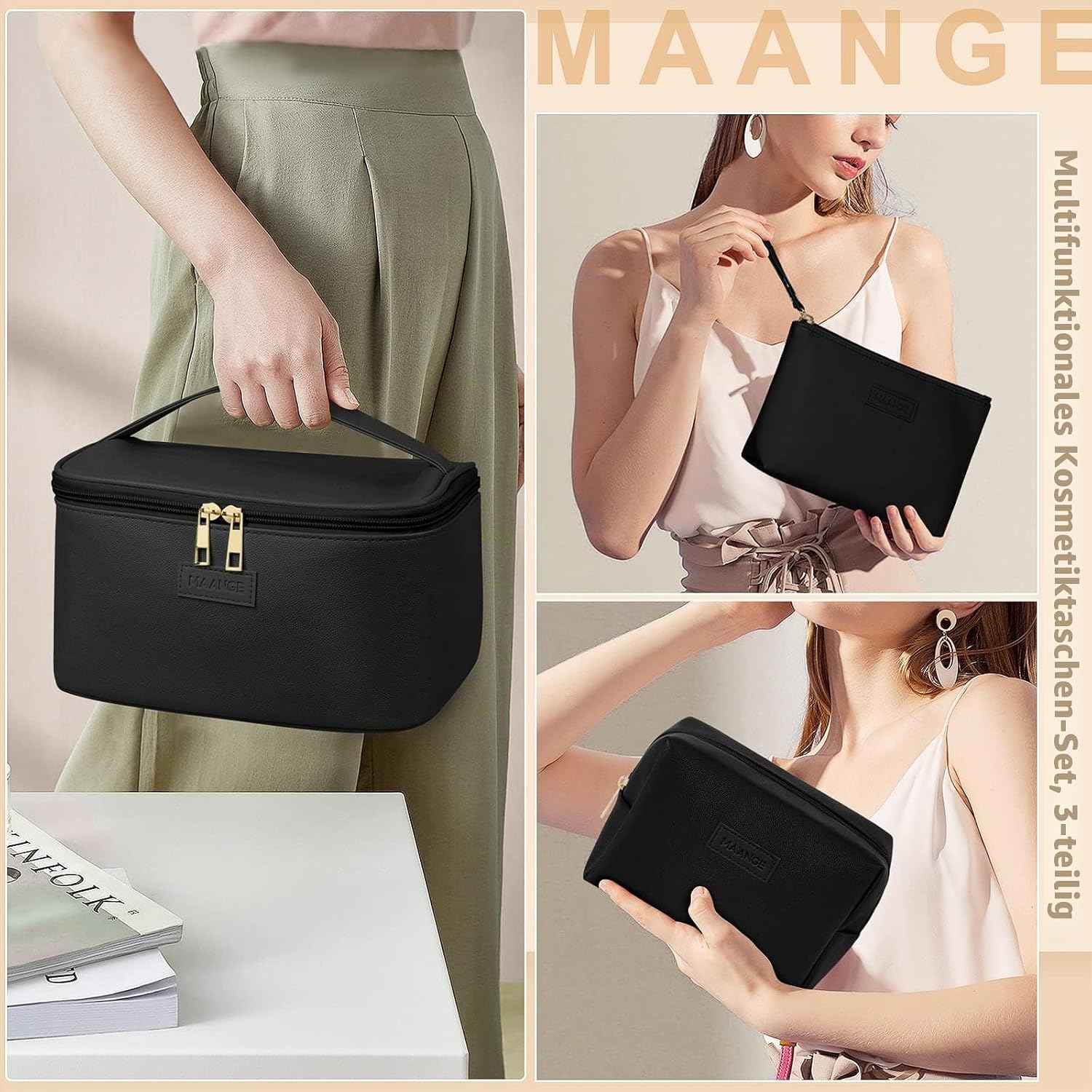 Thumbnail 1 de MAANGE 3er-Set Kosmetiktaschen (L+M+S) aus PU-Leder, wasserfest – Schwarz