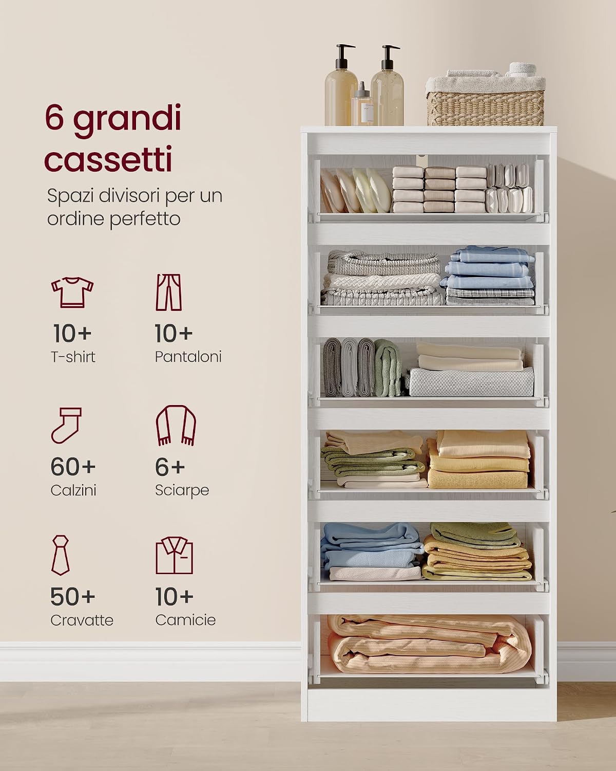 Detalle de VASAGLE KAILYN Collezione – Cassettiera a 6 cassetti in bianco neve, stile moderno