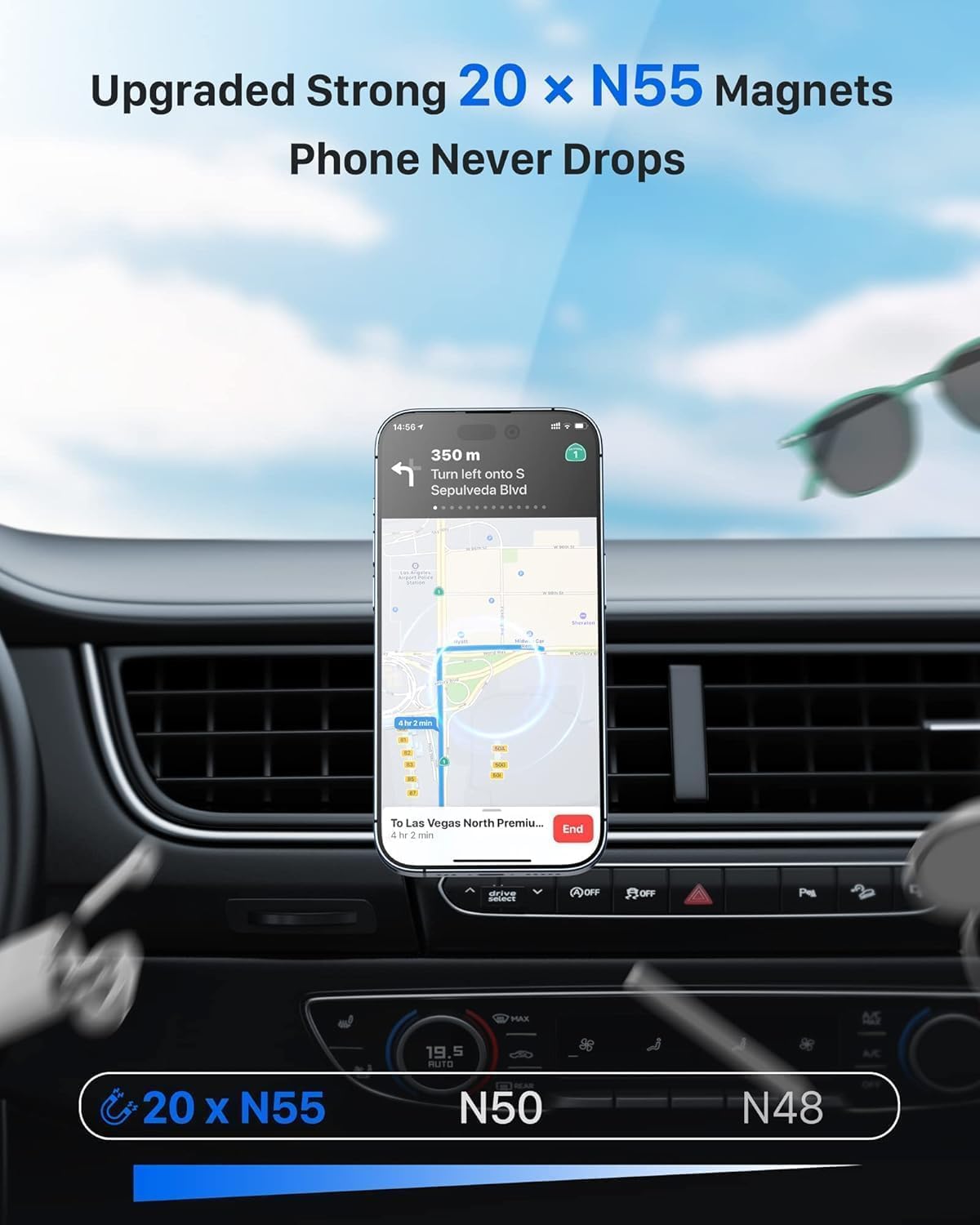 Detalle 2 de YOSH MagSafe Car Mount — air vent magnetic phone holder with dual-hook stability and 20× N55 magnets