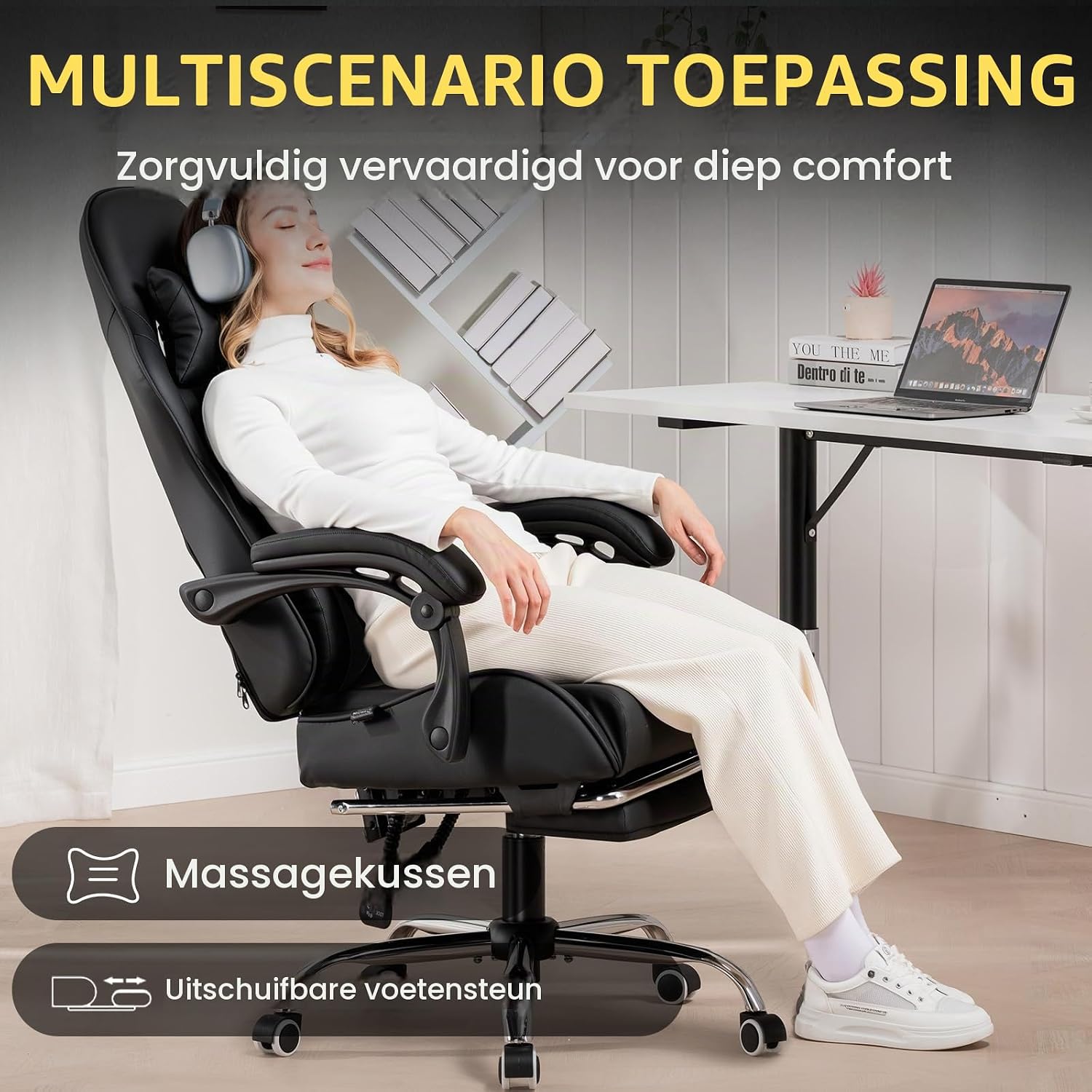 Detalle de GTPLAYER WDJ01-BLK gamingstoel met massage-lendensteun, voetensteun en zwart design