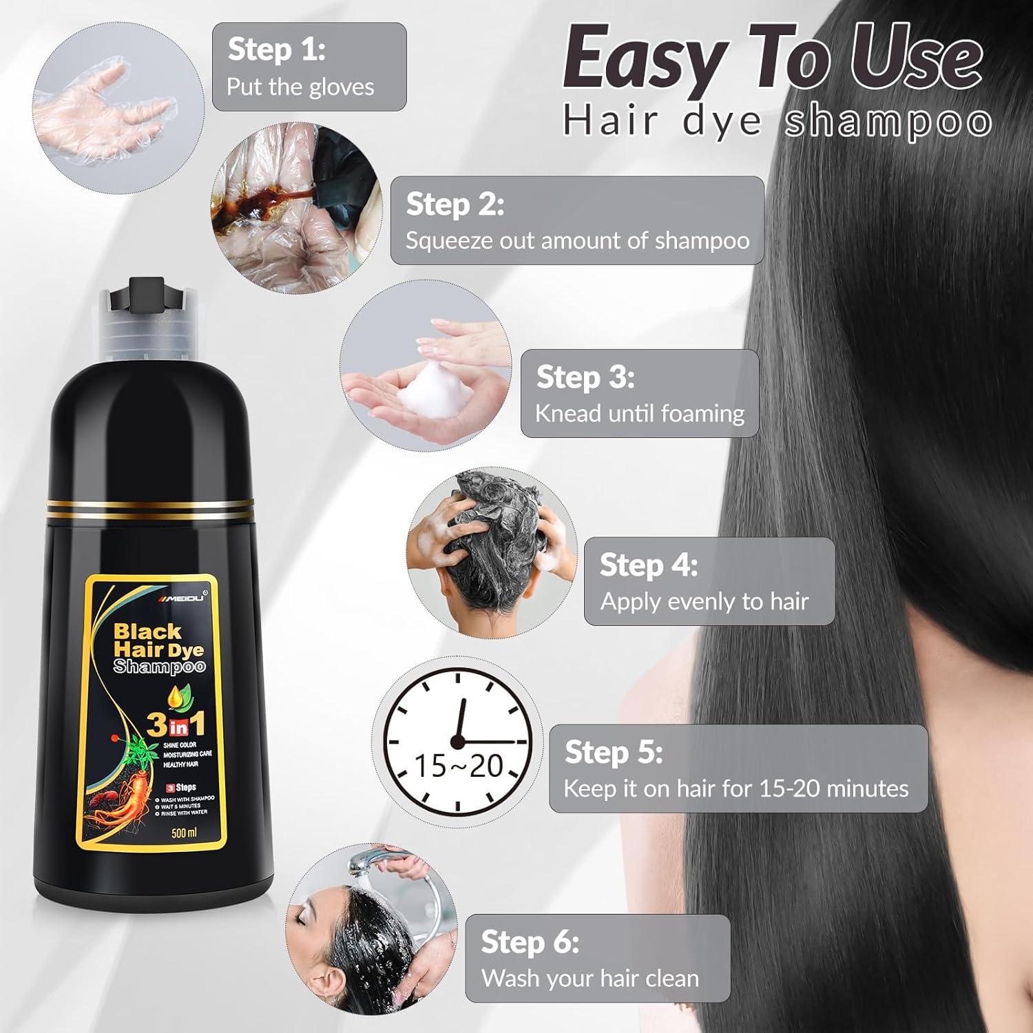Thumbnail 3 de MEIDU Black Hair Dye Shampoo 3-in-1 (Gray Coverage) Herbal Formula, 500ml/16.9oz