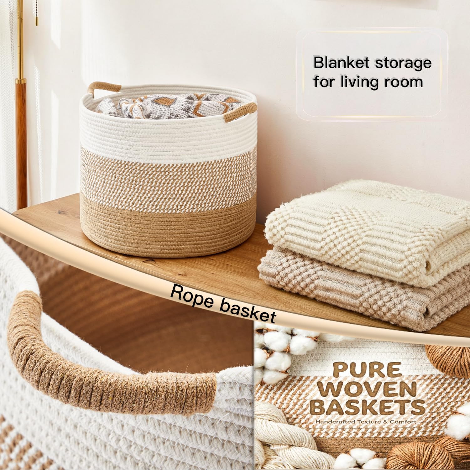 Detalle 2 de Artfeel 70L Cotton Rope Basket, Brown Woven Storage for Blankets and Toys