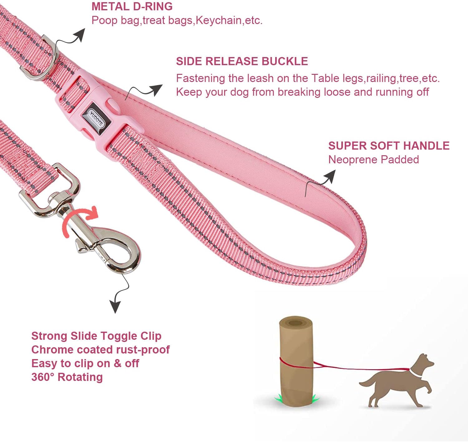 Detalle 2 de Petiry Nylon Reflective Dog Lead Pink with Comfort Handle – 120cm