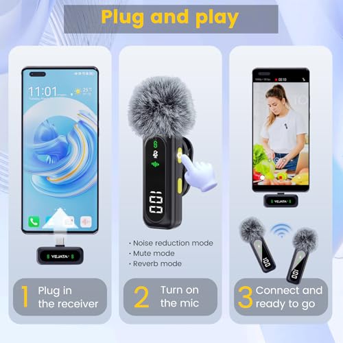 Thumbnail 6 de YEJATA Micrófono inalámbrico dual con pantalla y cancelación de ruido 360° para dispositivos Apple, Android y PC