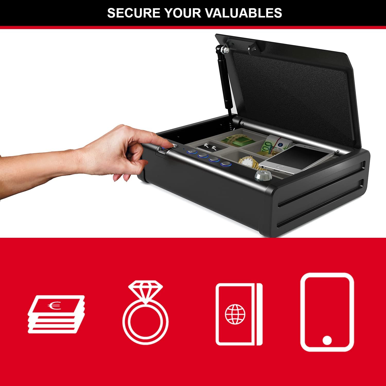 Detalle de MASTER LOCK Cassaforte biometrica MLD08EB Small: sicurezza discreta per gioielli e oggetti preziosi