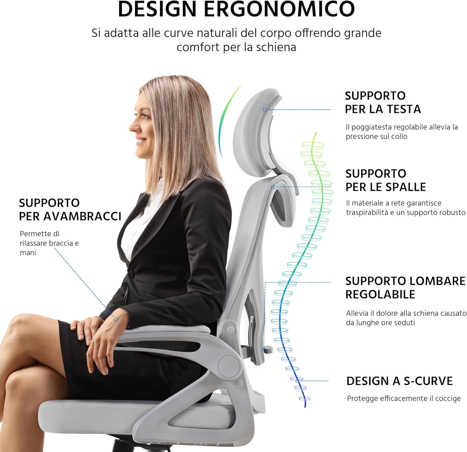 Thumbnail 6 de Yaheetech Sedia Ufficio Ergonomica con Poggiatesta Regolabile e Braccioli Pieghevoli