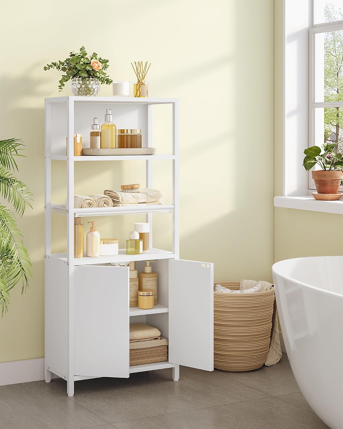 Thumbnail 1 de Hzuaneri meuble de salle de bain blanc avec 2 portes, étagère ouverte et plateau métallique aéré (20 x 38 x 90 cm) BC42903WV1