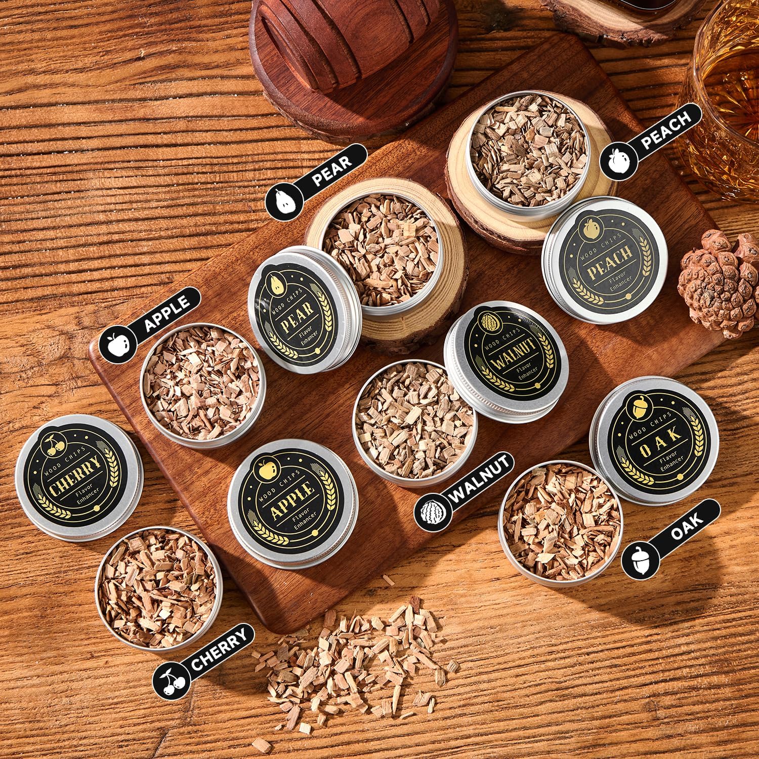 Detalle 2 de ComboJoy Whiskey Smoker Kit mit Torch, 6 Holzchips-Sorten, 2 Gläsern und 2 Ice-Ball-Formen (ohne Butan)