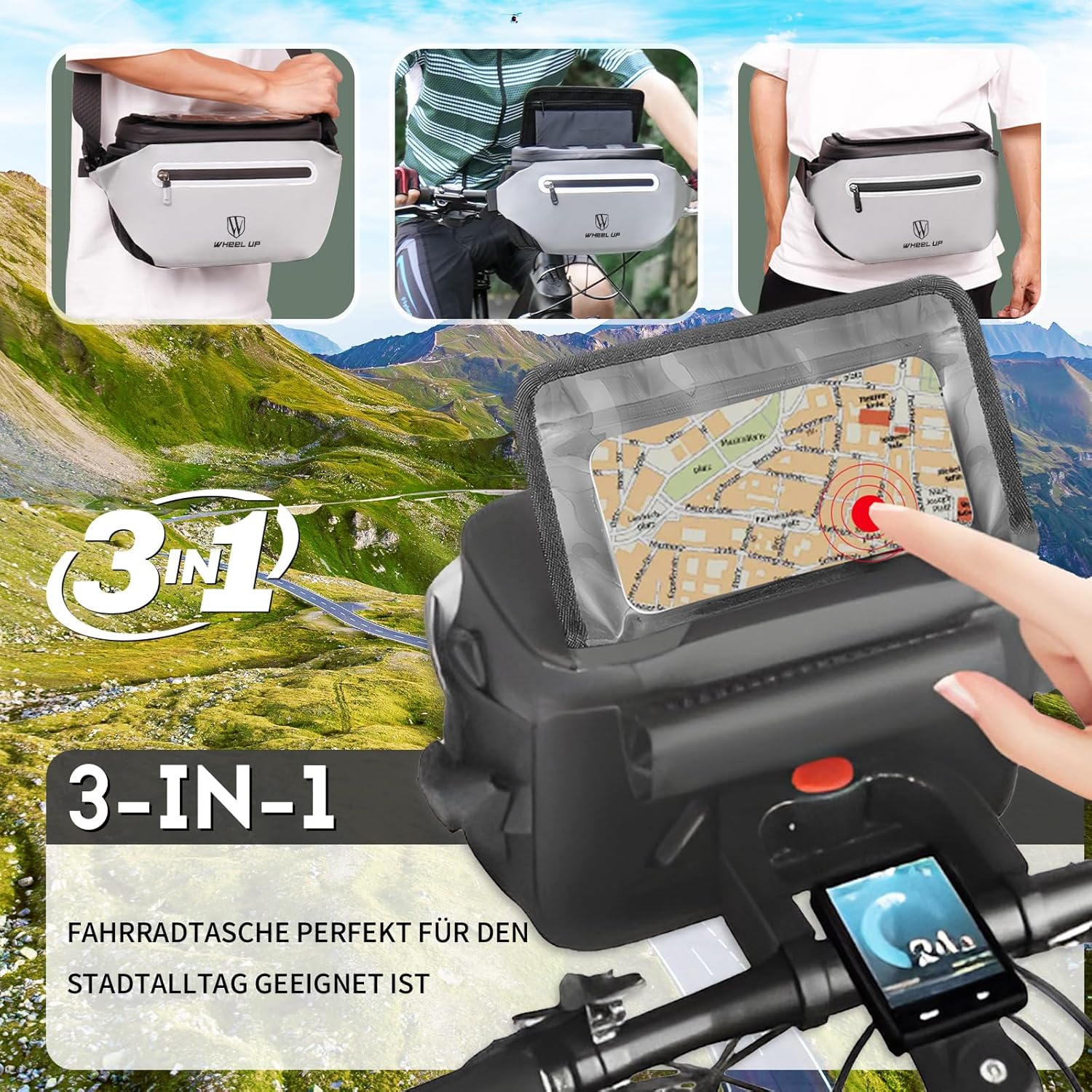 Detalle de Munaduna Lenkertasche 4,5L – wasserdicht, verstellbares Handyfach, 3-in-1 Umhängetasche