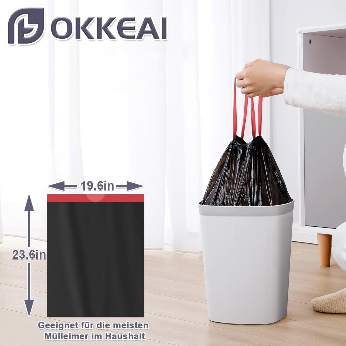 Detalle de OKKEAI Schwarz Müllbeutel 15L mit Zugband – 75 Stück (Größe L, 60 x 50 cm)