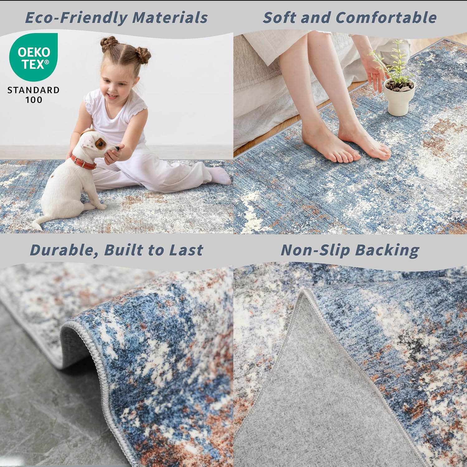 Detalle de 2x5 Washable Non-Slip Rug Runner in Blue Rust — Abstract, Low-Pile Comfort
