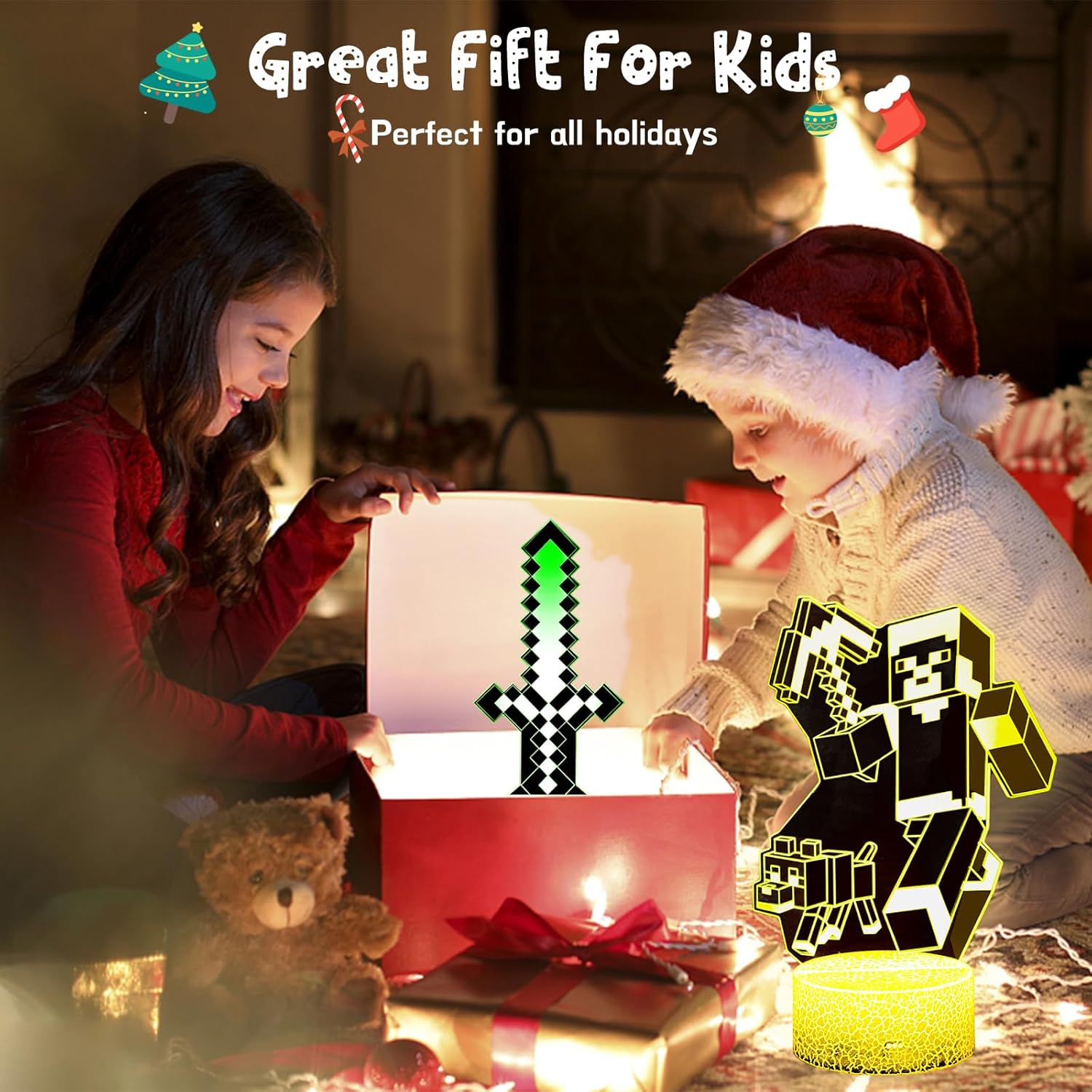 Thumbnail 6 de Eygerur Lot de 2 Veilleuses Minec 3D LED pour enfants – télécommande et 16 couleurs