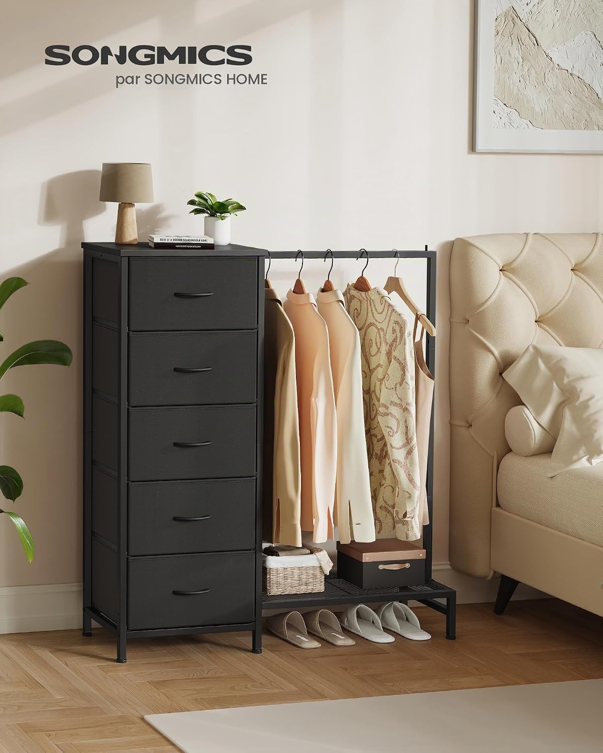 Detalle de SONGMICS LGS423B101 kledingrek met 5 laden, stang en schoenenrek, inktzwart
