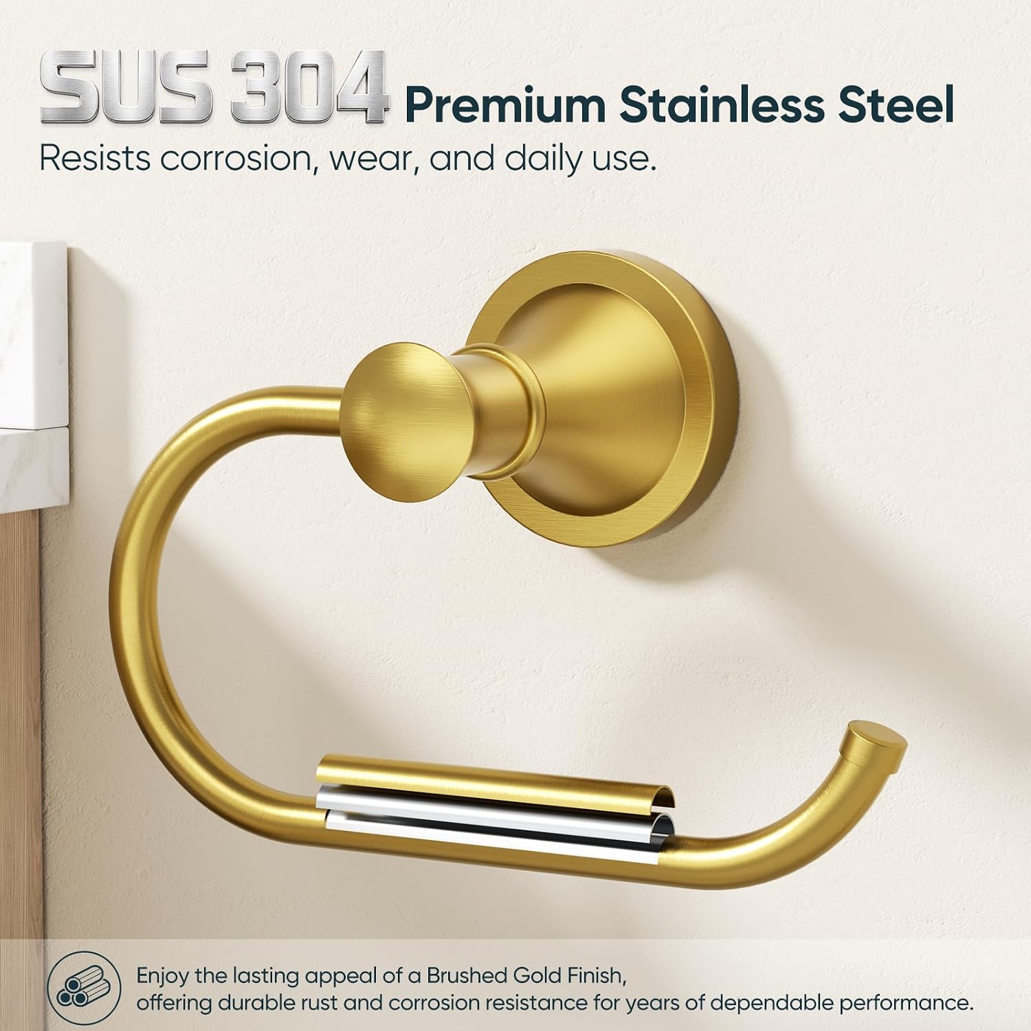 Thumbnail 2 de BESy Brushed Gold Toilet Paper Holder – Round Wall Mounted, Rustproof & Durable