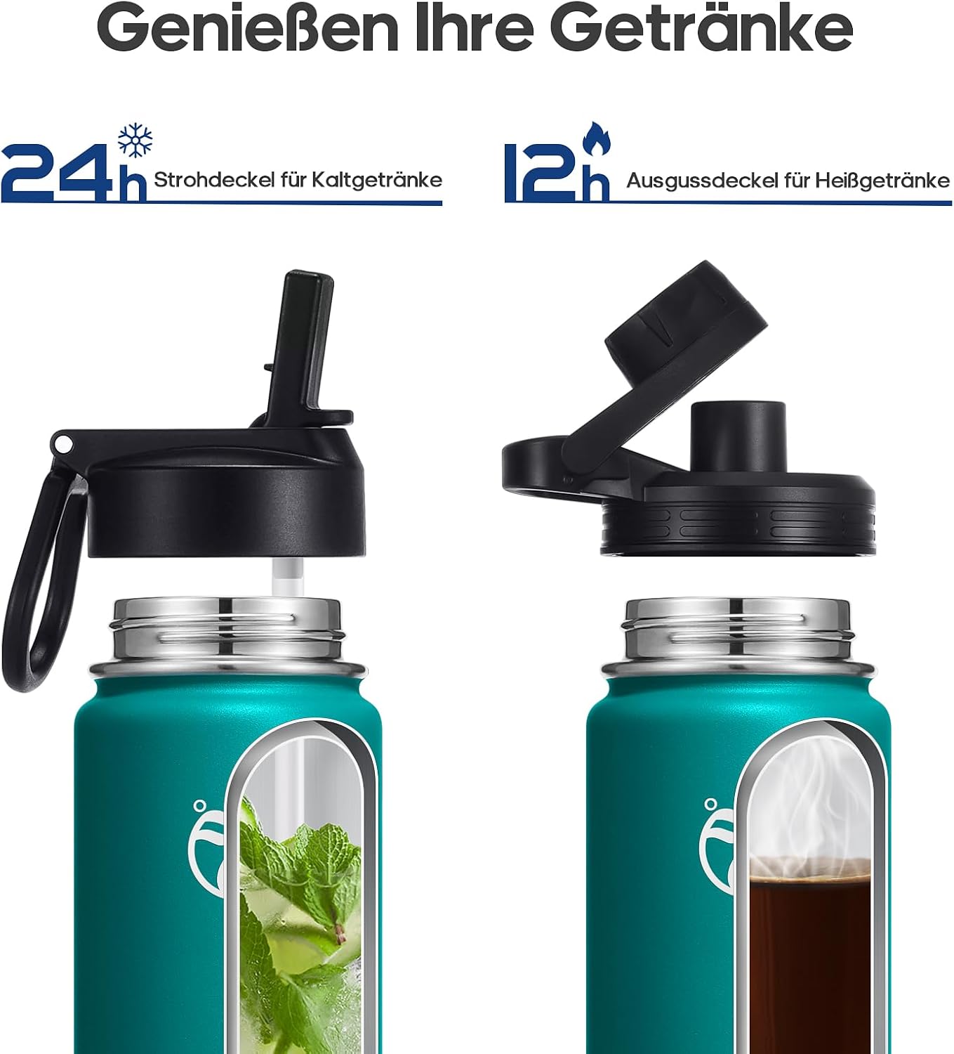 Detalle de HydroPal Isolierflasche 1200ml – Edelstahl, BPA-frei, 24h kalt / 12h heiß, auslaufsicher mit zwei Deckeln und Strohhalm