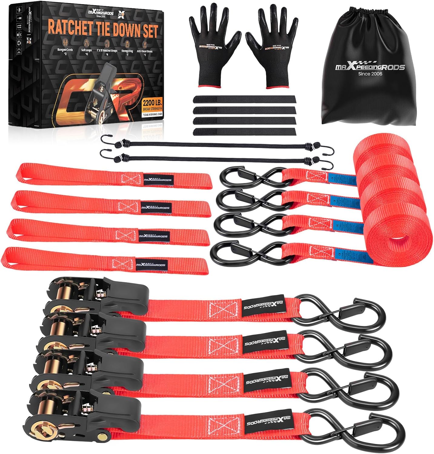 maXpeedingrods set di 4 cinghie di fissaggio a cricchetto da 4,5 m con ganci a S e sicurezza fino a 997 kg (EN 12195-2) – Rosso