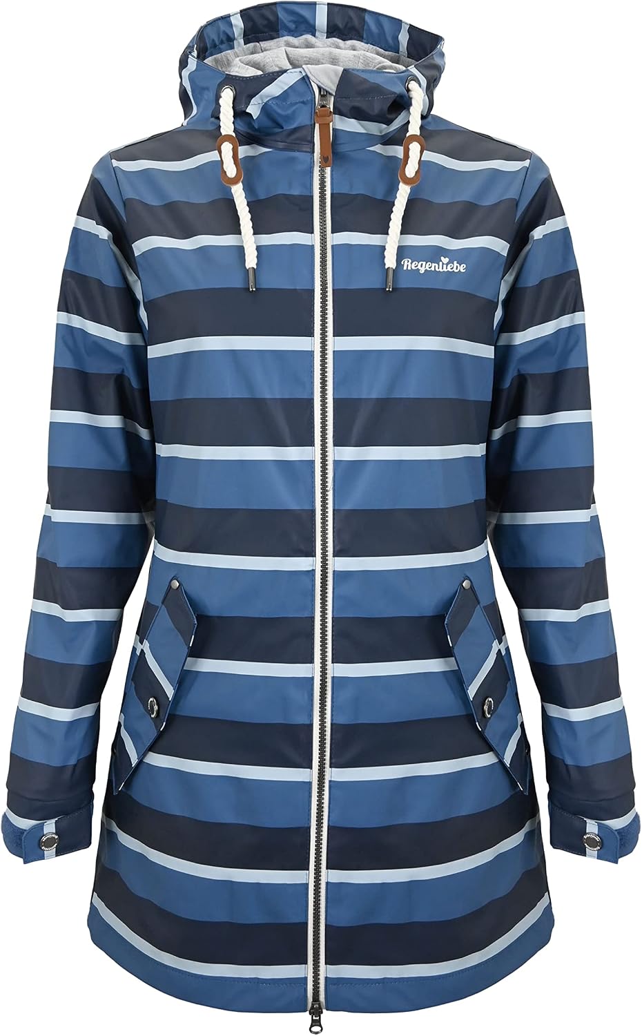 Detalle de Regenliebe Damen Regenmantel Friesennerz gestreift 624 – wasserdichter Regenponcho mit Kapuze und tailliertem Schnitt
