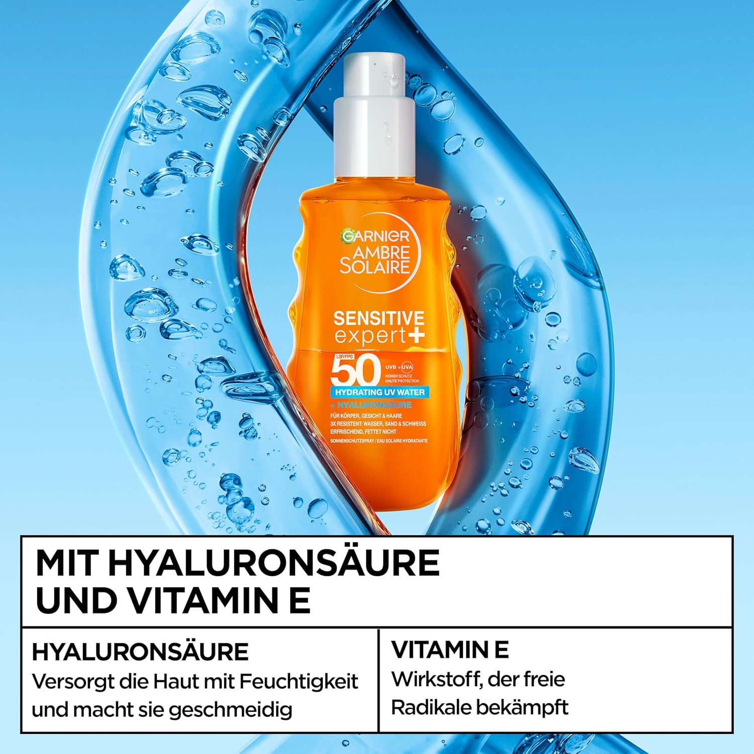 Detalle de Garnier Ambre Solaire Sensitive Expert + Hydrating UV Water Spray SPF 50 – Wasserfest, sandresistent, nicht fettend – 150 ml