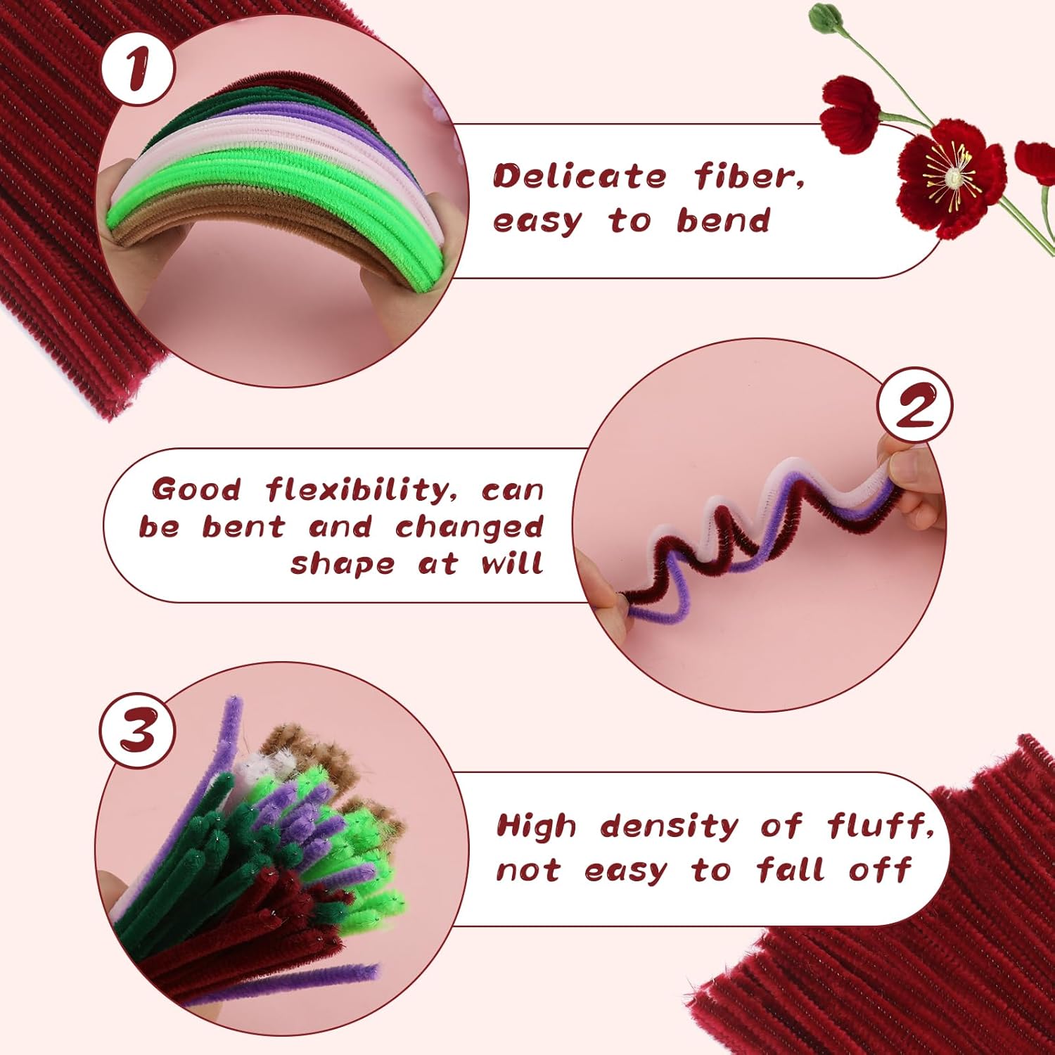 Thumbnail 2 de ZXIIXZ 100-Pack Chenille Pipe Cleaners (Wine Red) for DIY Crafts and Flower Making
