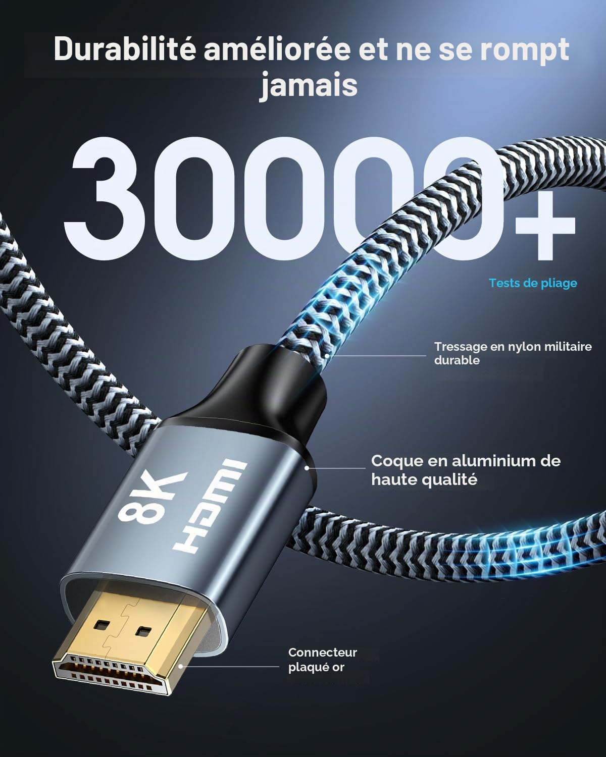 Thumbnail 5 de CABNEER Câble HDMI 2.1 8K 12m – haute vitesse 48 Gbps, tressé nylon, eARC et HDR