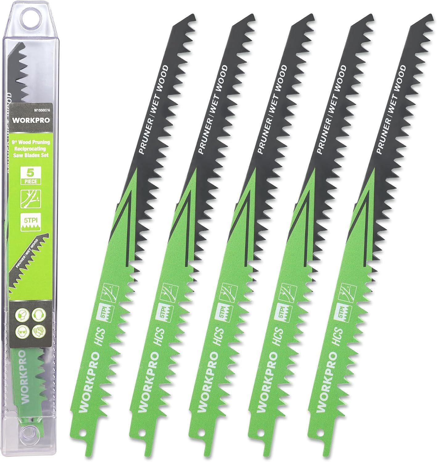 Detalle de WORKPRO 230mm 5-Piece Reciprocating Saw Blades Set (5 TPI) for Green Wood & Branches