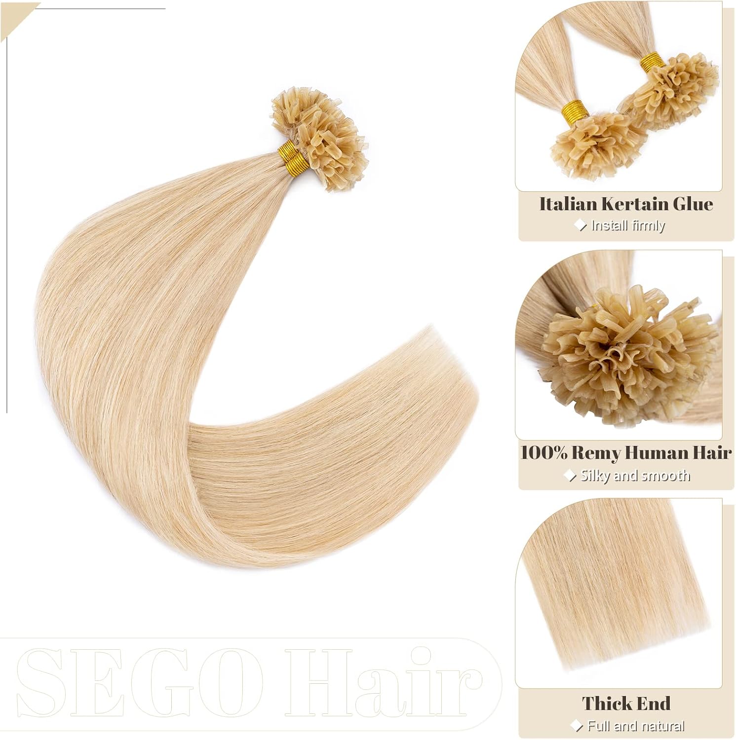 Thumbnail 1 de SEGO Extension con cheratina in capelli 100% Remy, set da 100 ciocche pre-bonded senza clip, 50 cm (50 g), colore 18P613 biondo cenere