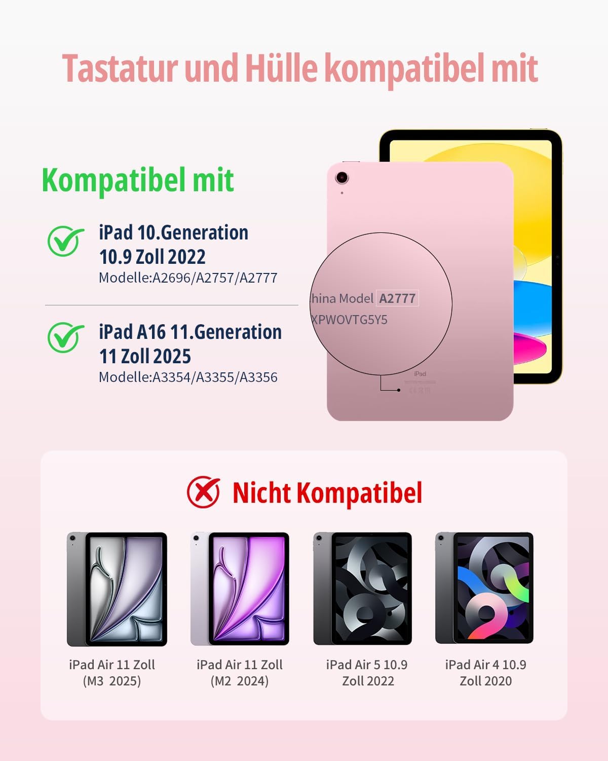 Detalle 2 de CACOE Drehbare Hülle mit Tastatur für iPad (A16) 11/10 Generation inkl. Touchpad – Hellrosa