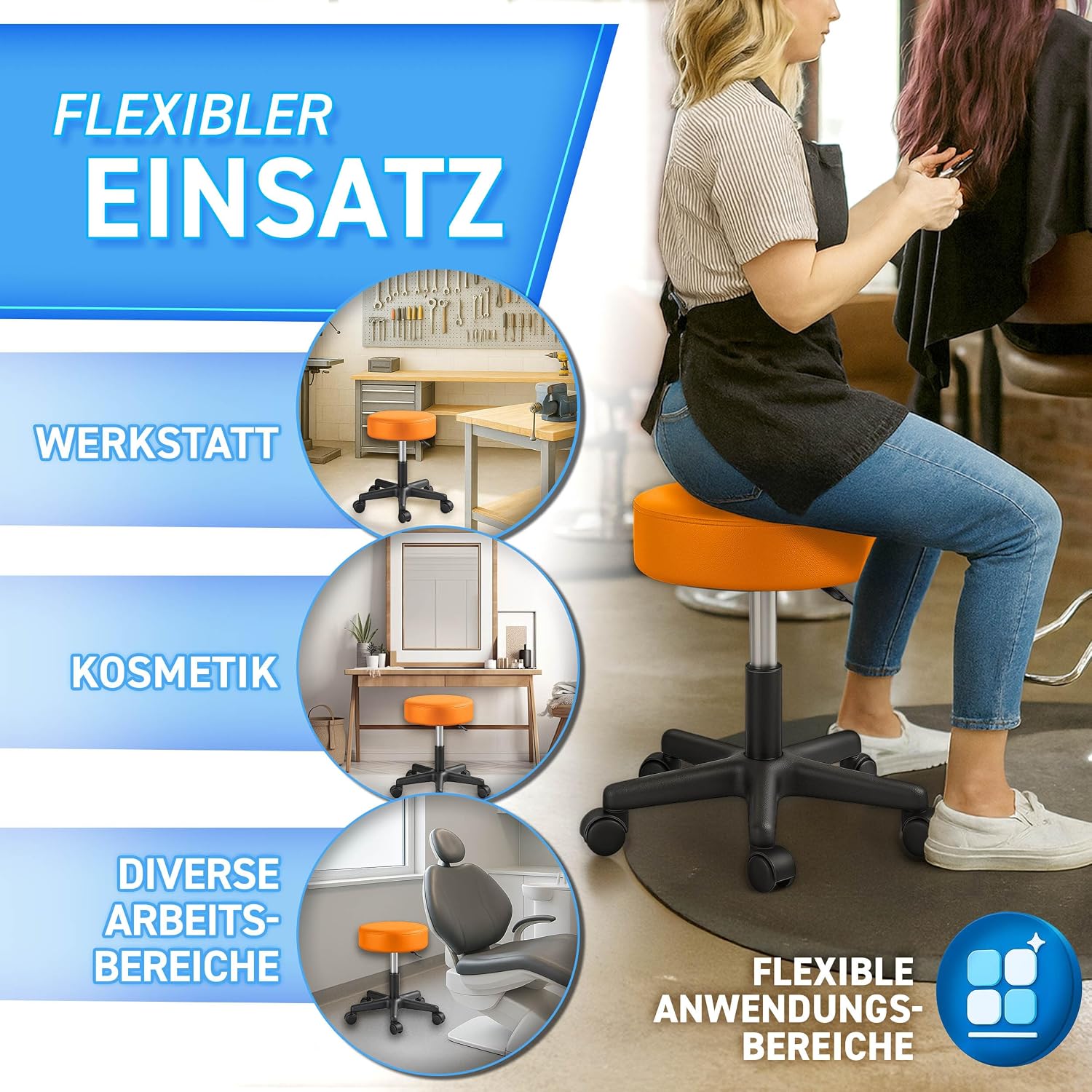 Thumbnail 6 de TRESKO Rollhocker höhenverstellbar Orange – 360° Drehhocker, bis 150 kg