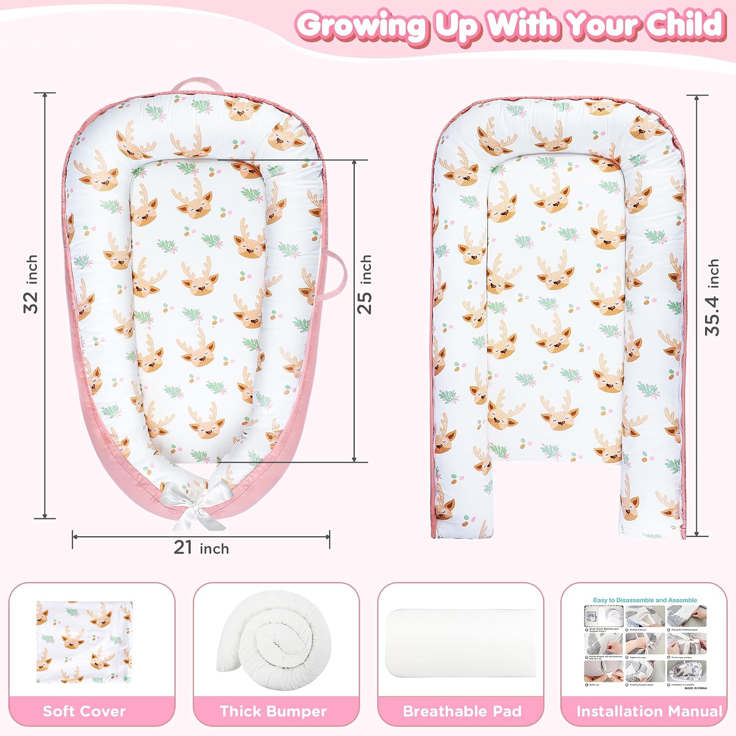 Thumbnail 3 de URMYWO Babynestchen Neugeborene – Nestchen 90x50 cm aus 100% Baumwolle, zweifarbig, handgefertigt