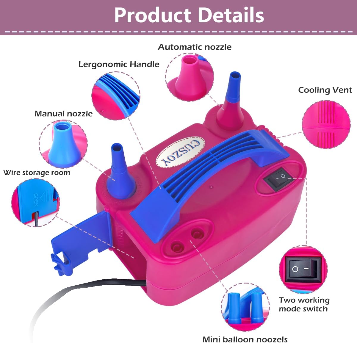 Detalle de CUSZOY RT-73005 Electric Balloon Pump, 600W, Dual Nozzle, Two Modes