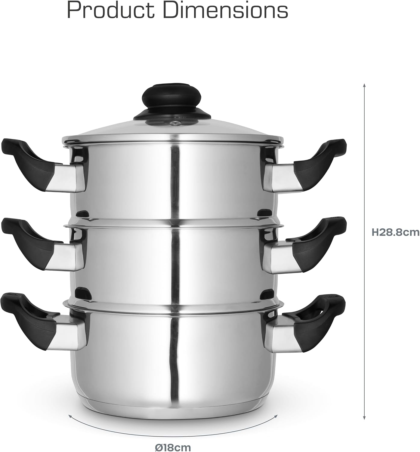 Detalle de Swan Townhouse 18cm 3 Tier Stainless Steel Steamer (SWPS5026SS) – Induction Safe, Glass Lid, Dishwasher Safe