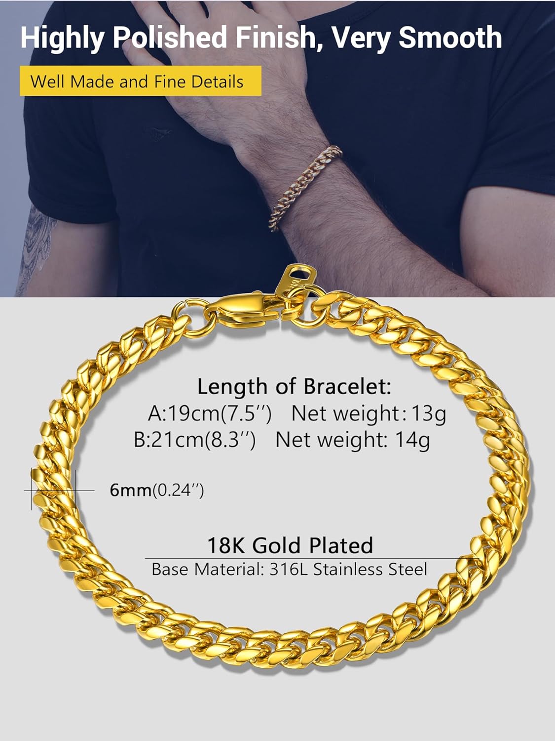Thumbnail 3 de PROSTEEL Bracciale da uomo in acciaio inox 316L con bagno oro 18K, catena cubana con maglie da 4,8/6/10/14 mm